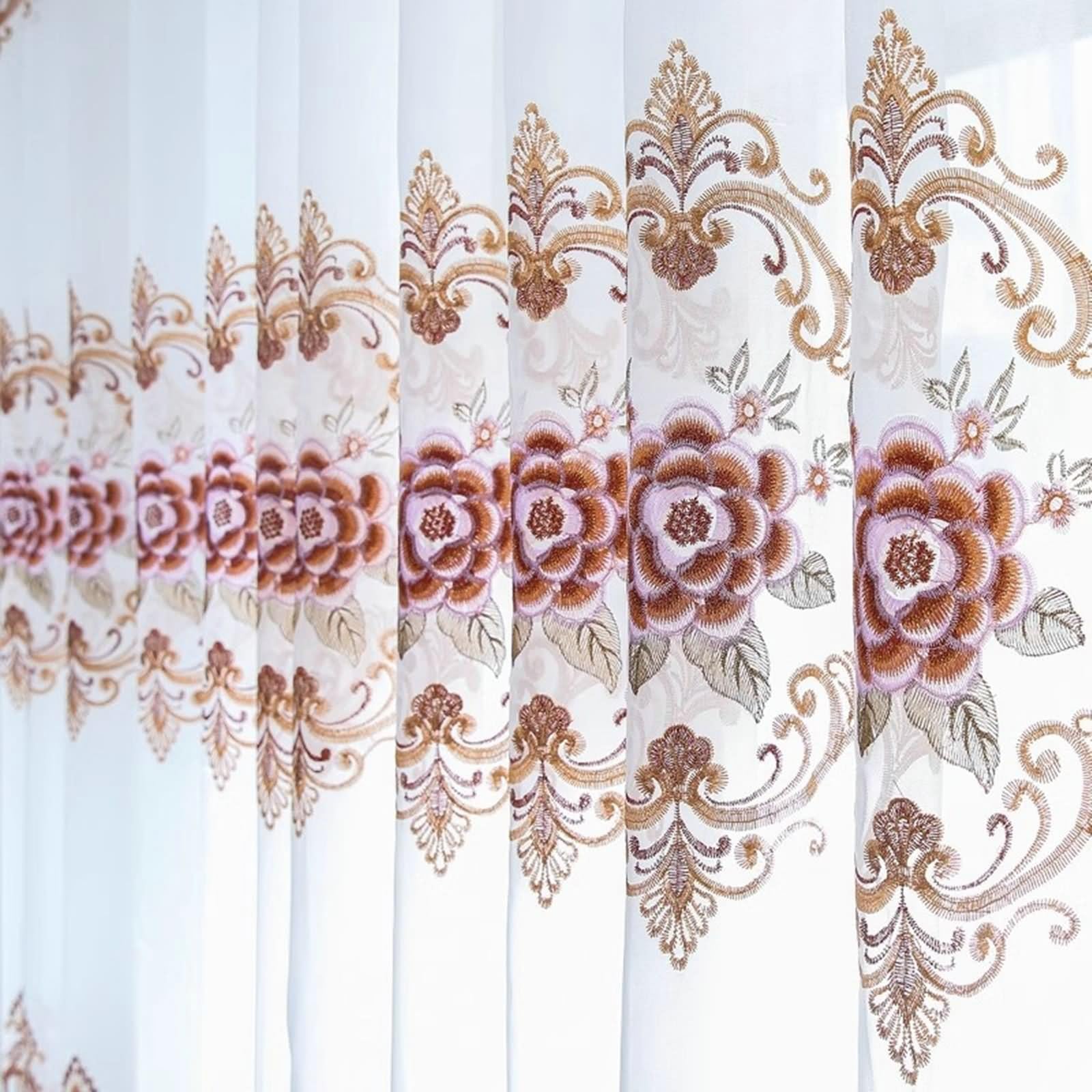 Curtains Transparent, Rideau Exterieur Voilage Blanc Brun Pivoine Brodée Polyester 2 Panneaux 107W x 229L cm