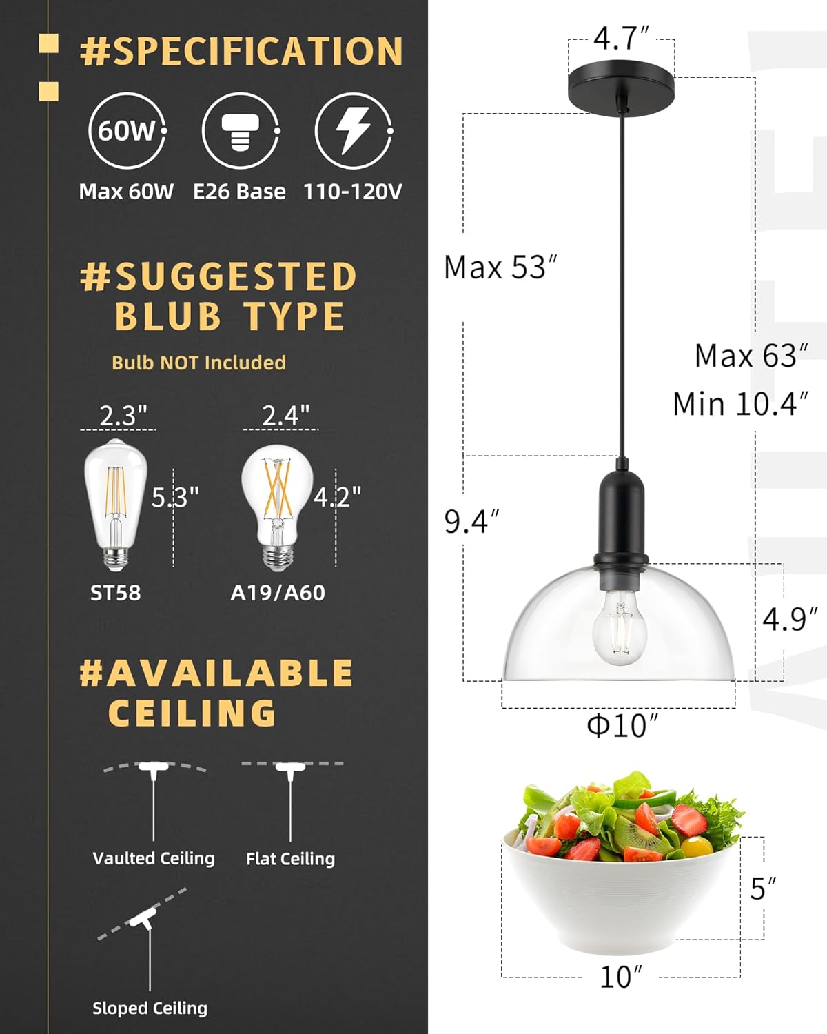 AUTELO Black Pendant Lights Kitchen Island, 10" Pendant Lights with Drum Clear Glass, Industrial Pendant Light Fixtures, Black Hanging Lamp for Kitchen Island, Dining Room H9166L CLBK