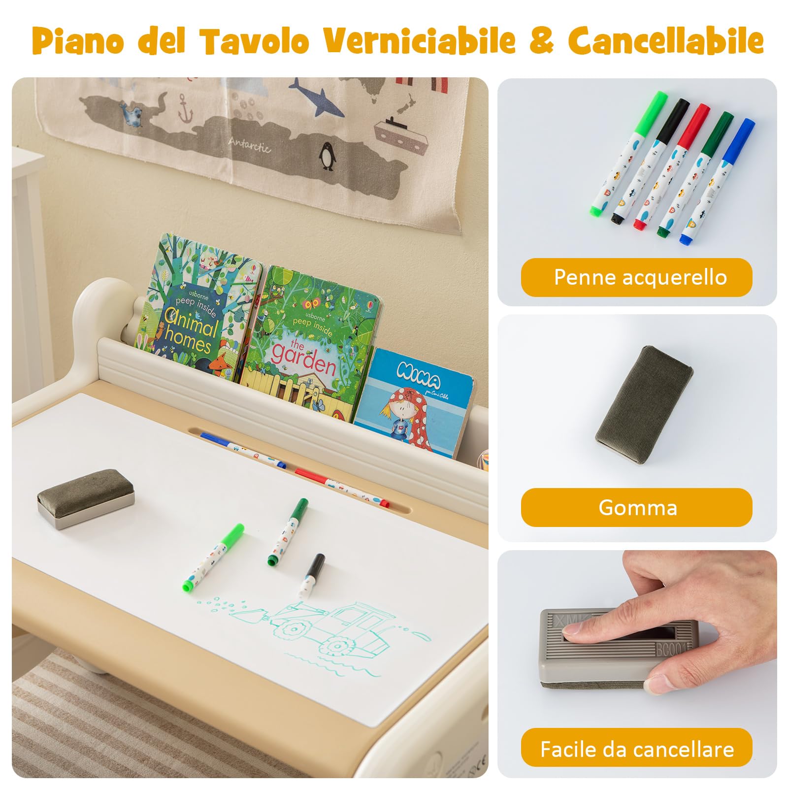 COSTWAY Set Tavolo e sedia per Bambini, Tavolo per Bambini con Sedia, Tavolo da Disegno Cancellabile e Ripiano, per Disegnare, Leggere, Giocare, Ideale per Bambini 3-8 Anni (Brown)