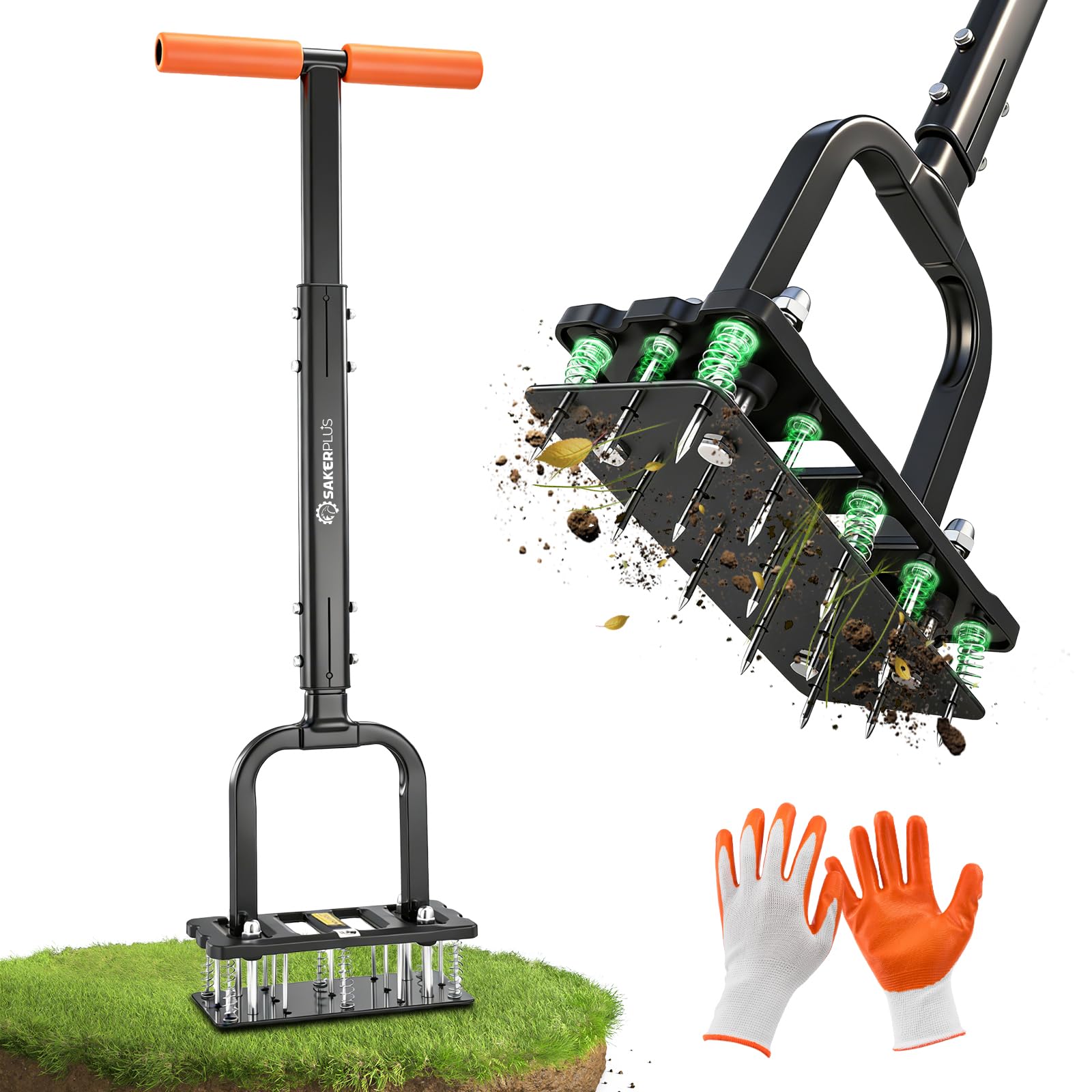 Sakerplus Aerator Lawn Tool, Spike Lawn Aerator with Self-Cleaning Tines