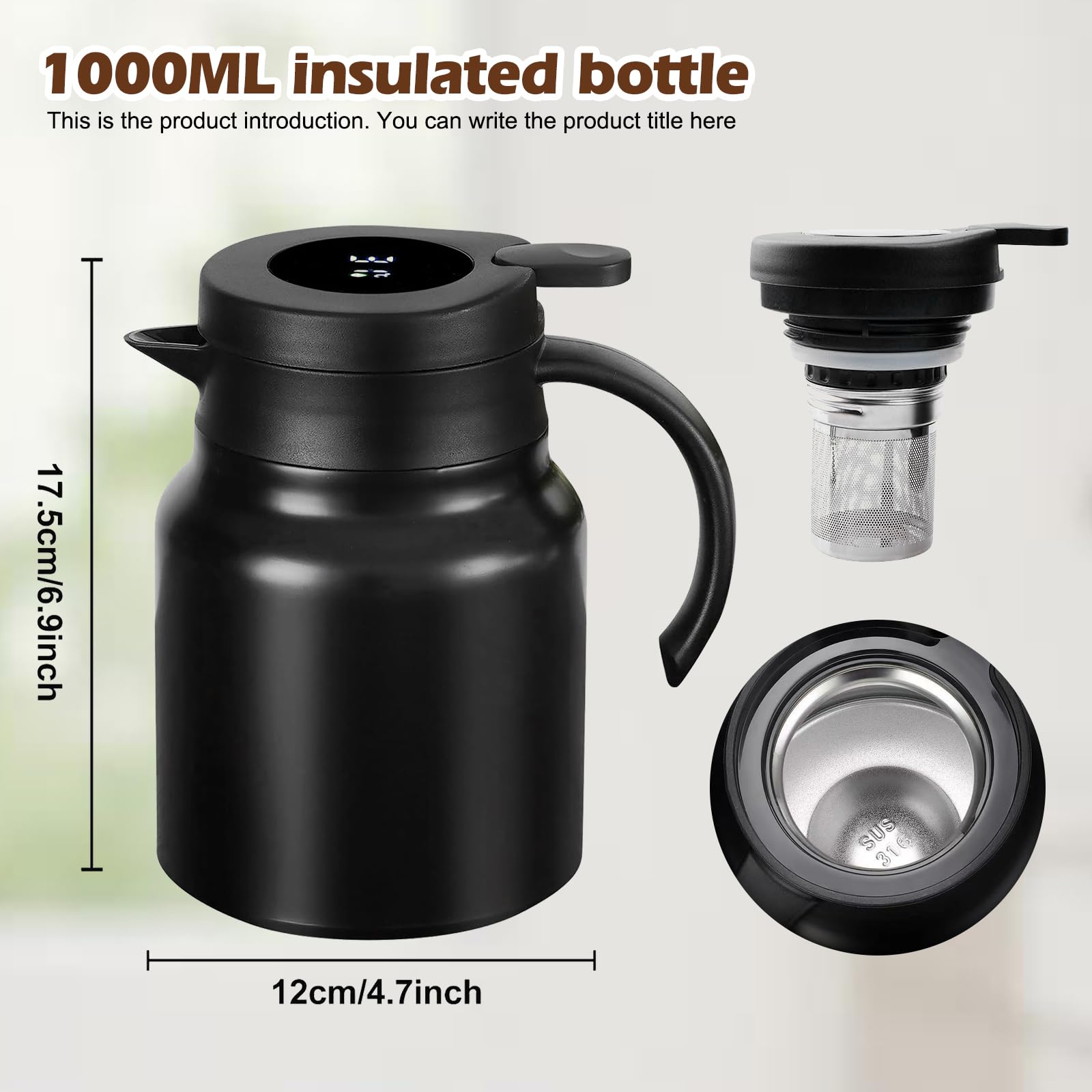 Thermos da 1 l con colino da tè, thermos con indicatore di temperatura, caffettiera (senza perdite, nessuna goccia), caffettiera ben sigillata, per caffè, tè e latte
