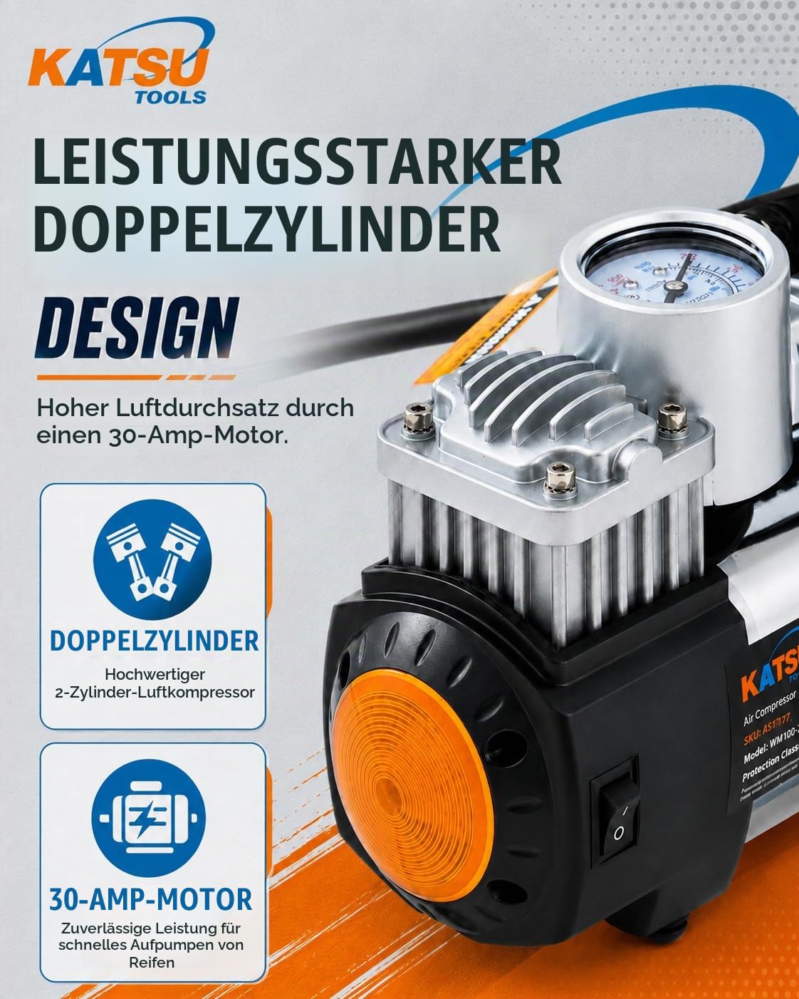 KATSU Auto Luftkompressor 12V 30Amp 150PSI Doppelzylinder 451717