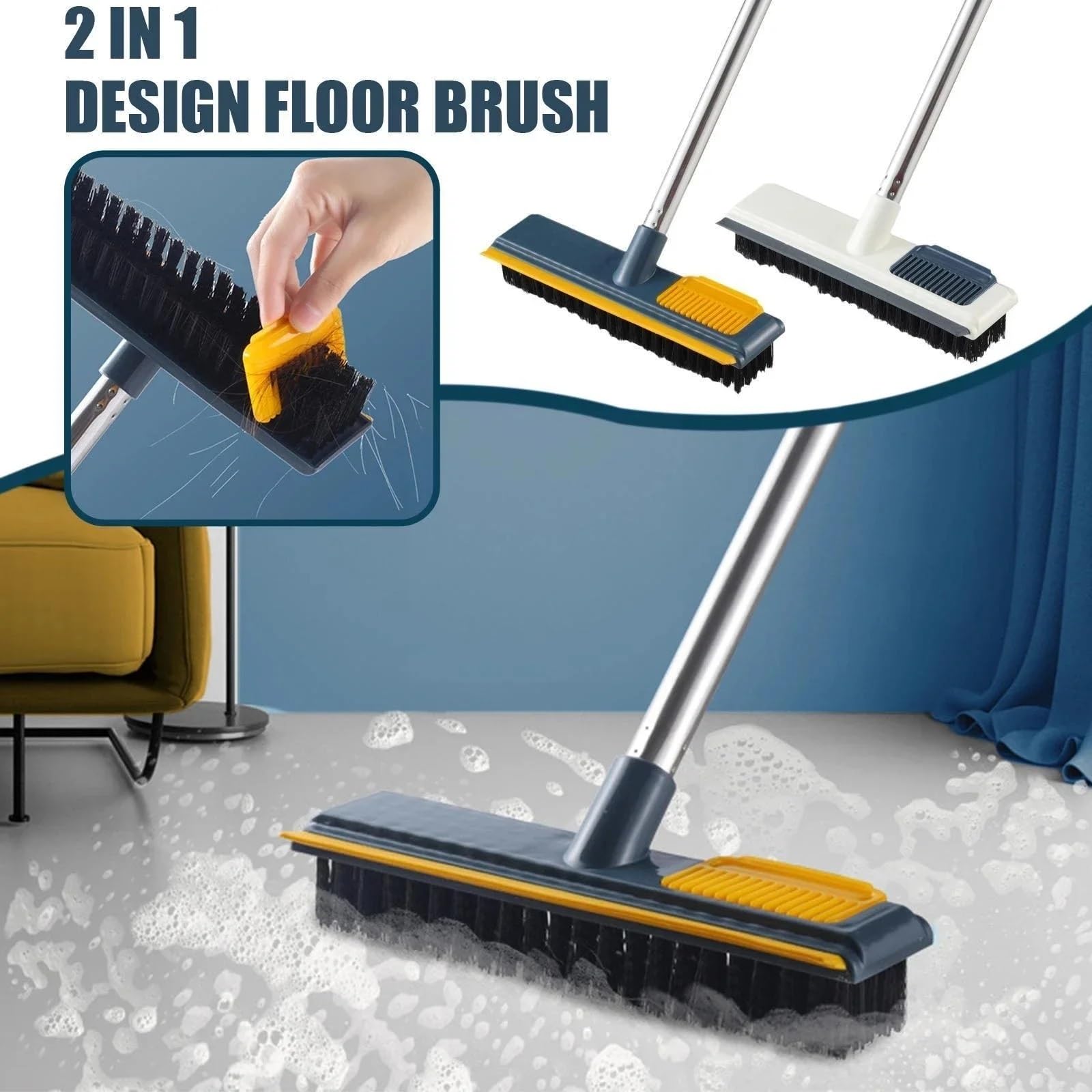 Scopa Giardino Esterno Spazzola for pavimenti 2 in 1 con manico lungo, rimovibile, regolabile, for la pulizia delle piastrelle, cucina, bagno(Blue)