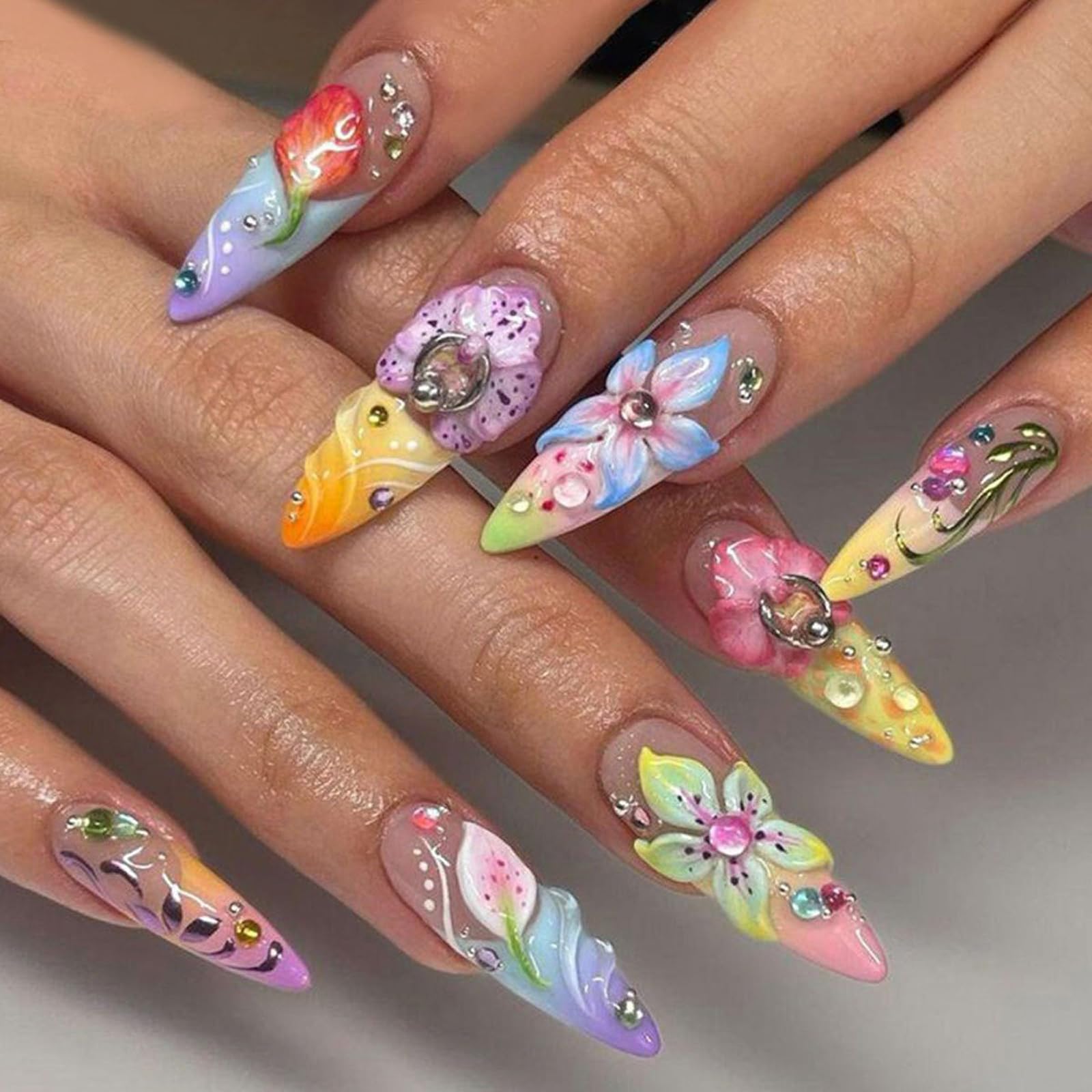 3D Emboss Press on Nails Colorful Gradient Stick on Nails Flowers＆rhinestone Fake Nails French Tip Glue on Nails Medium Almond Press on False Nails