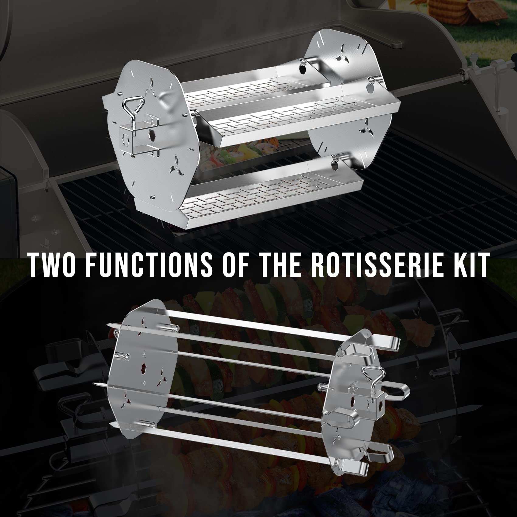 Skyflame Kit girarrosto in acciaio inox 2 in 1, design multifunzione con vassoi per barbecue e spiedini rotanti, adatto per canne da spiedo esagonale da 3/8" e 5/16", 1/2" e 3/8"