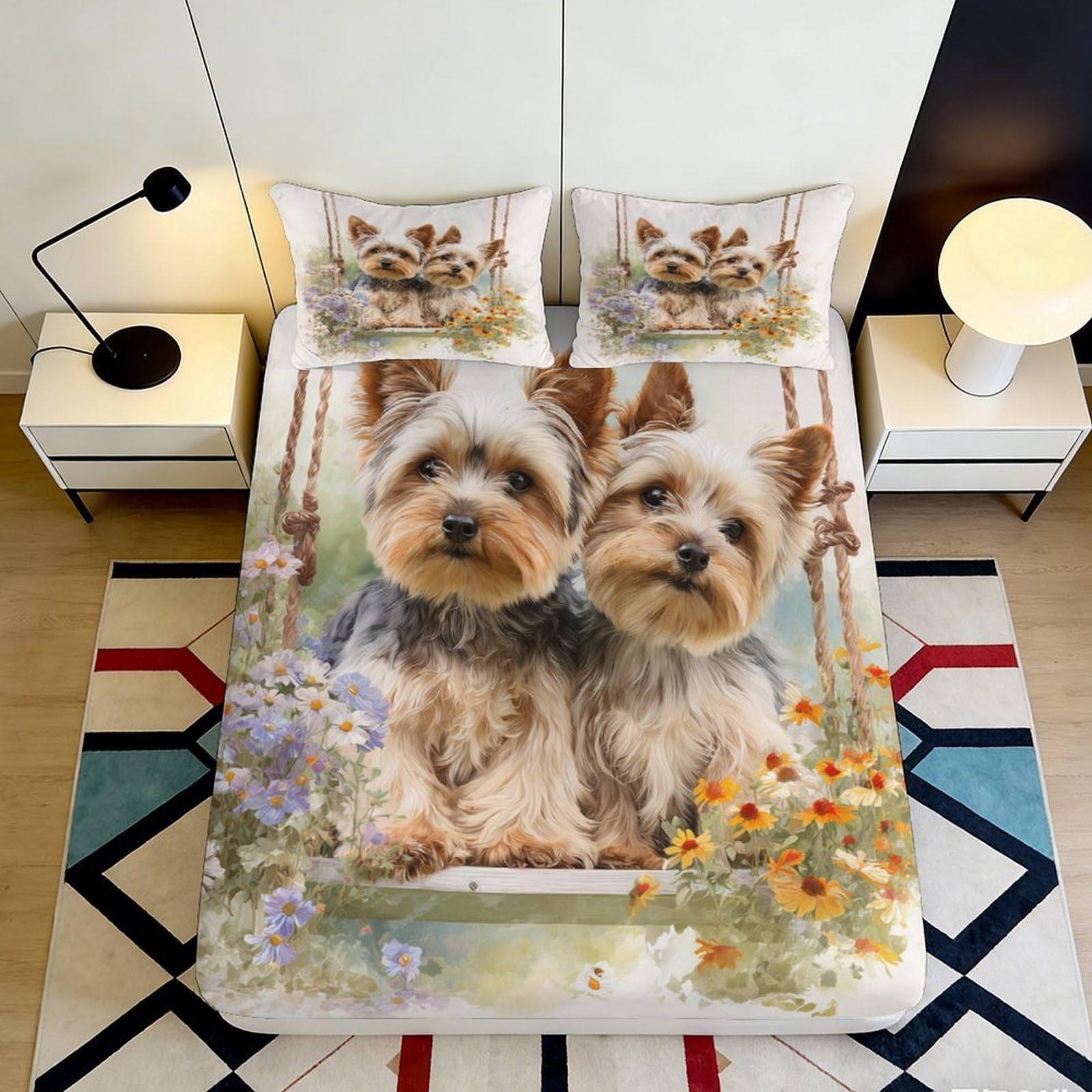 3D Printed Yorkshire Terrier Dog Fitted Sheet Microfiber Non-Slip Bed Cover for Bedroom Guestroom Decor, Easy Care 90x200x25cm