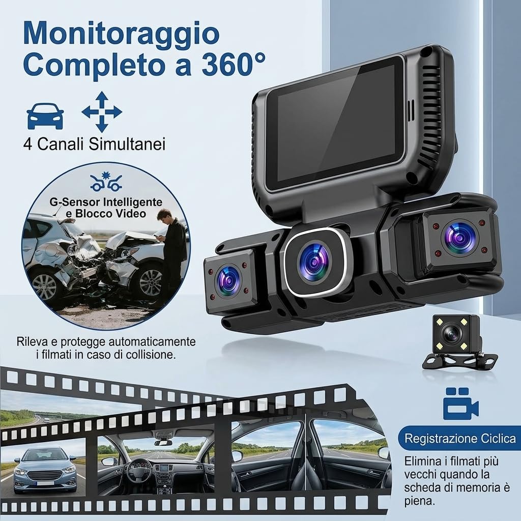 Carvid Dash Cam, telecamera da cruscotto Full HD a 4 canali da 3", con visione notturna a infrarossi, schermo IPS HD, connettività WiFi e smartphone