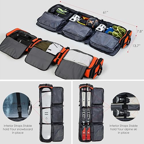 Miniatura 4 de XCMAN Bolsa de snowboard con ruedas de 63 a 75 pulgadas de longitud ajustable para botas de snowboard de viaje aéreo