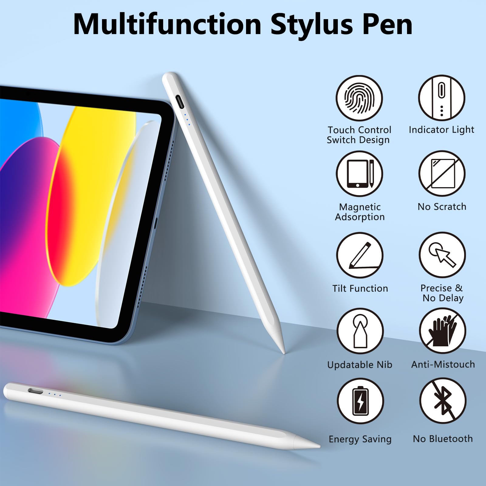 Penna stilo per iPad 2018-2025 con Palm Rejection, Active Pencil per iPad 10a/9a/8a/7a/6a generazione, per iPad Pro 11/12,9", per iPad Air 5a/4a/3a generazione, per iPad Mini 6a/5a generazione (bianco