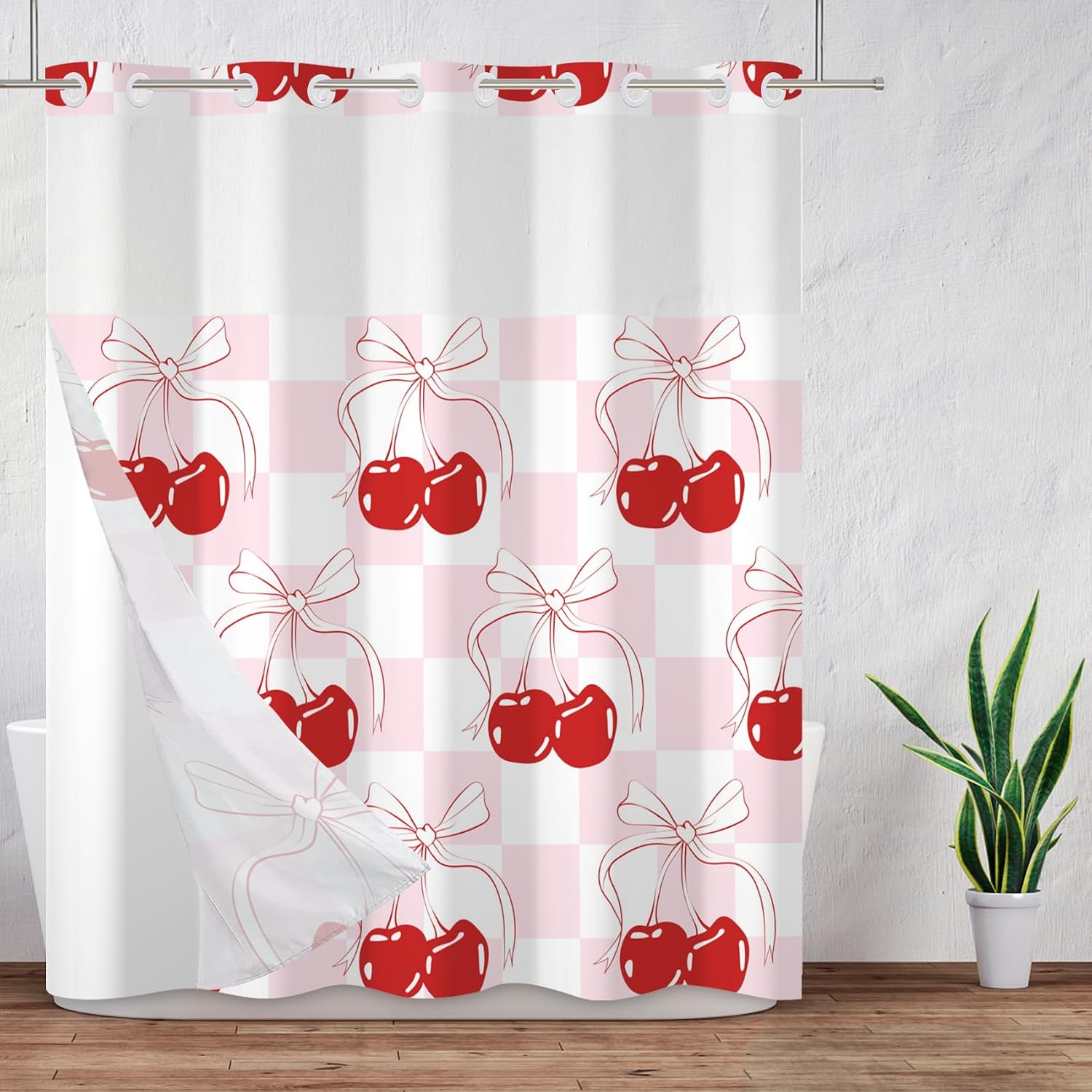 Baocicco Pink Cherry No Hook Shower Curtain with Snap in Liner for Girls White and Pink Buffalo Plaid Double Layer Bathtubs Hotel Curtain Set Waterproof Fabric with See Through Top Window 71x83 Inch