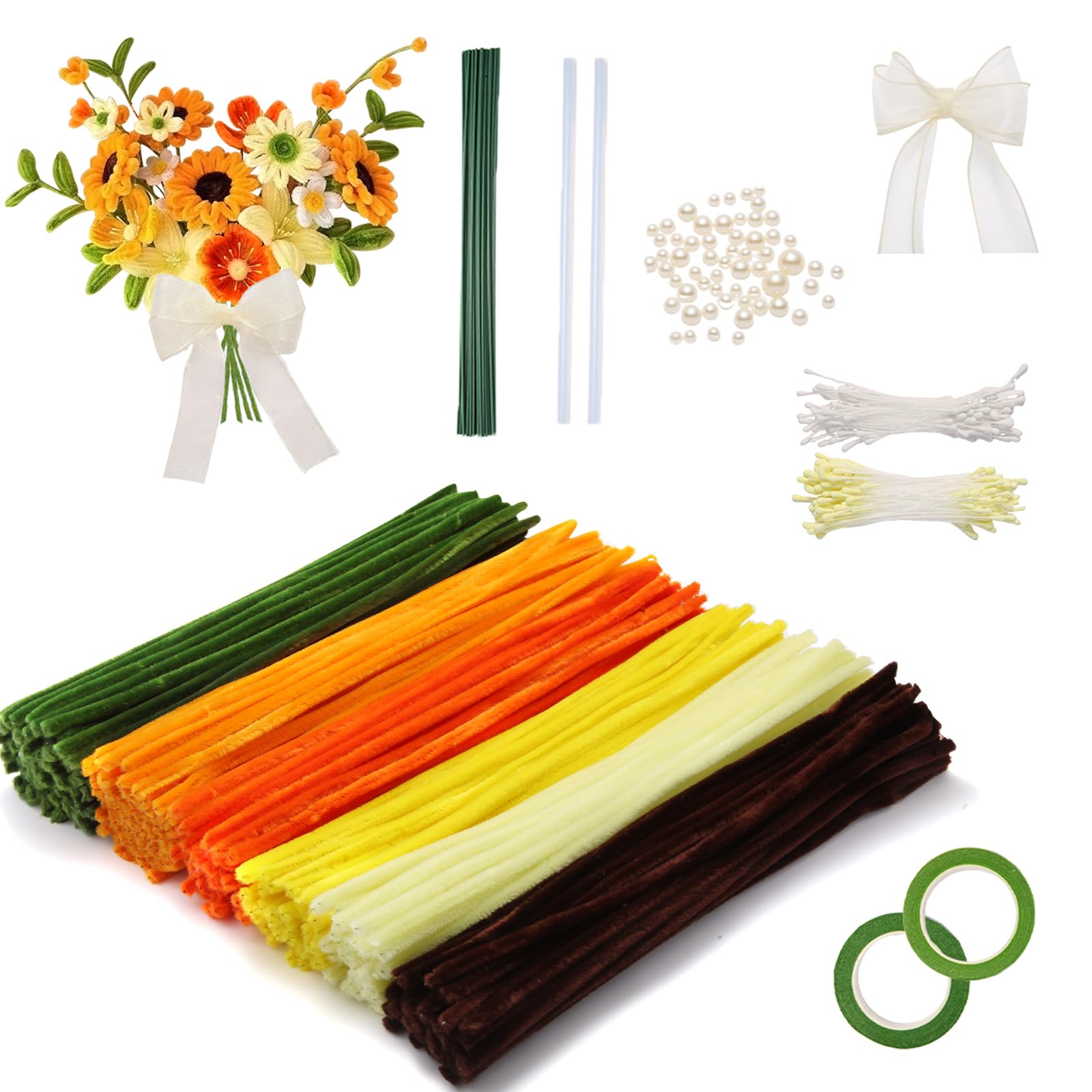 Hyunlai 400 stuks pijpenrassers om te knutselen, pijpenragers, bloemenset met led-lichtstrip, lint, bloemenpapier, pijpenreiniger, bloemenset voor tulp, bloemenboeket, doe-het-zelf
