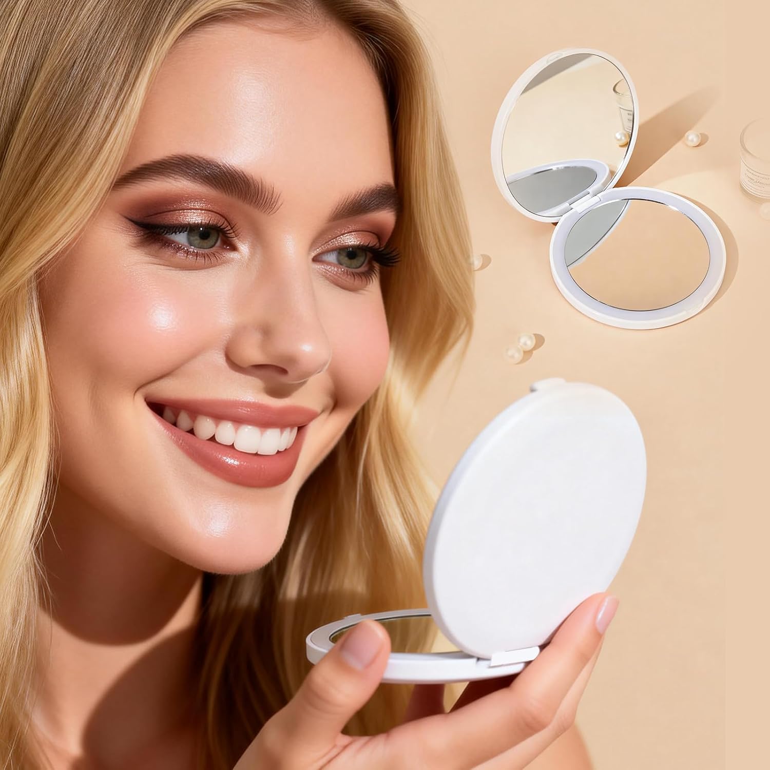 High-Definition, Double-Sided, Portable Makeup Mirror with LED Lights, Perfect for Touch-ups Anytime, Lightweight and Compact, Ideal for Travel and Easy to Carry Without Taking up Much Space (White)