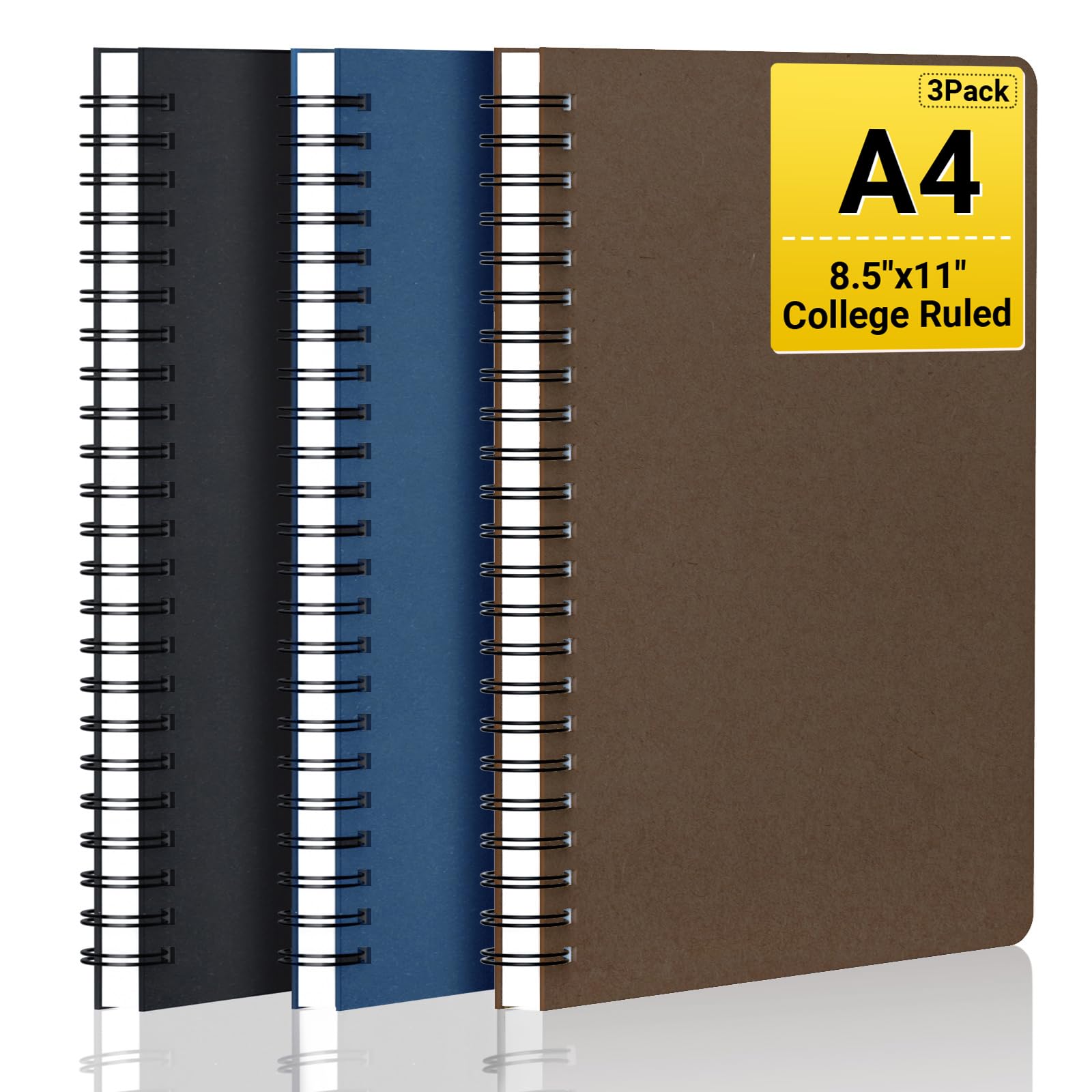 EUSOAR Quaderno a spirale, confezione da 3 quaderni A4 da 21,6 x 27,9 cm, a righe, 120 pagine/60 fogli a righe, fogli di carta spessa, diari per studenti, ufficio, diario di viaggio, nero, blu reale,