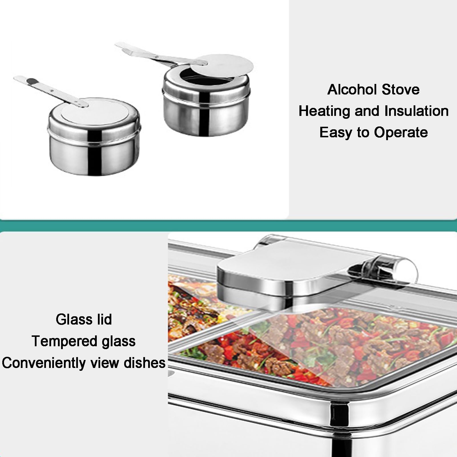 Scaldavivande in acciaio inox per buffet, catering, scaldavivande con coperchi, vassoio espositore per condimenti a 2 griglie, per feste, eventi e forniture per catering (10 cm)