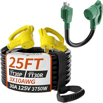 PlugSaf 25 FT 30 Amp RV Extension Cord Outdoor with Grip Handle NEMA TT-30P to NEMA TT-30R and 12 inch RV 30 Amp to 110 Adapter Heavy Duty 10/3 Gauge NEMA 5-15P to NEMA TT-30R Bundle