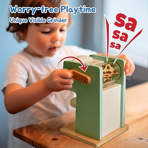 Miniatura 3 de Cafetera de juguete para niños con molinillo, juego de 15 piezas de cafetera de madera, juguetes de madera para niños, accesorios de cocina, regalo