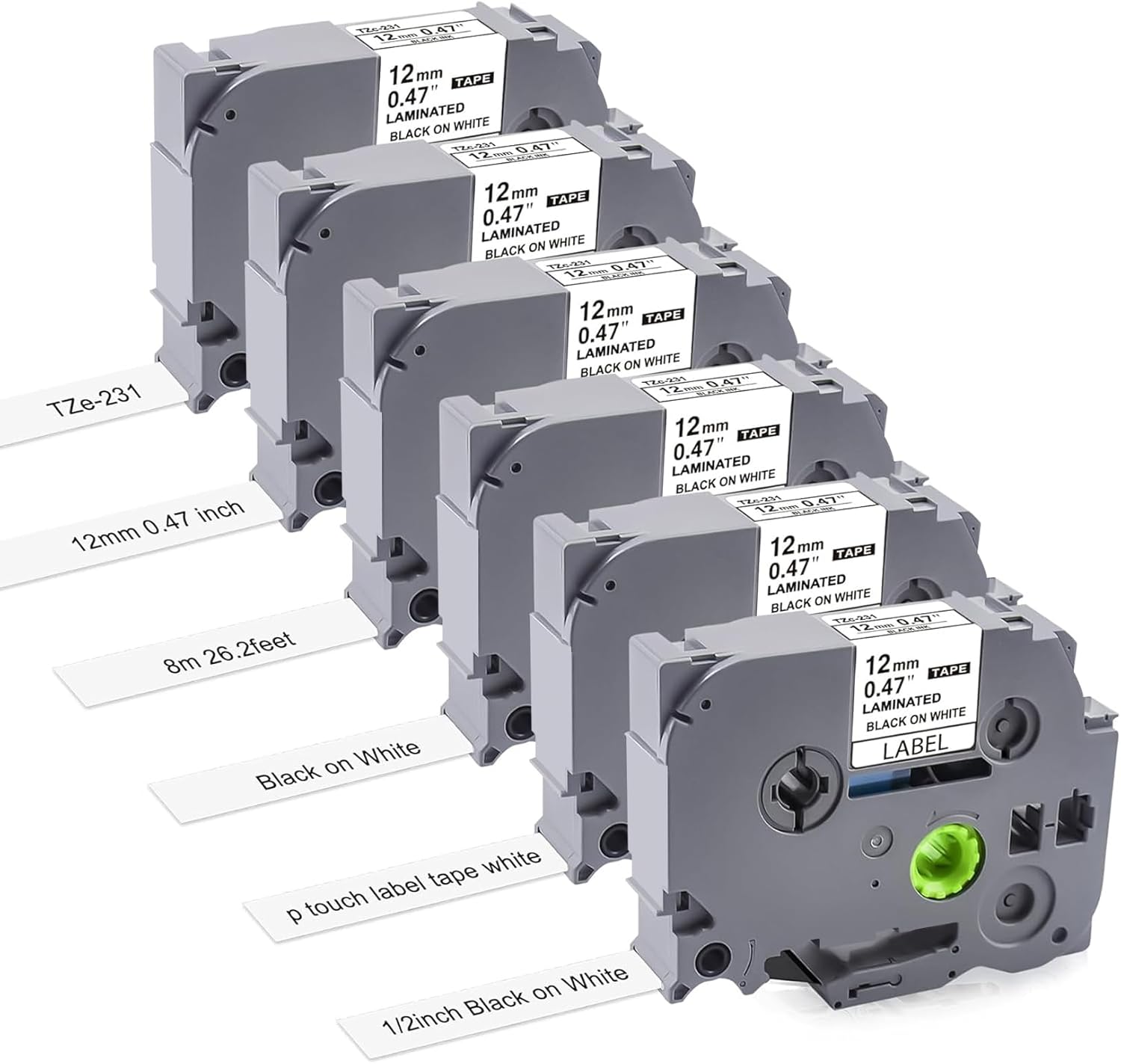 12mm laminated label tape for Brother TZe TZ, 6-pack