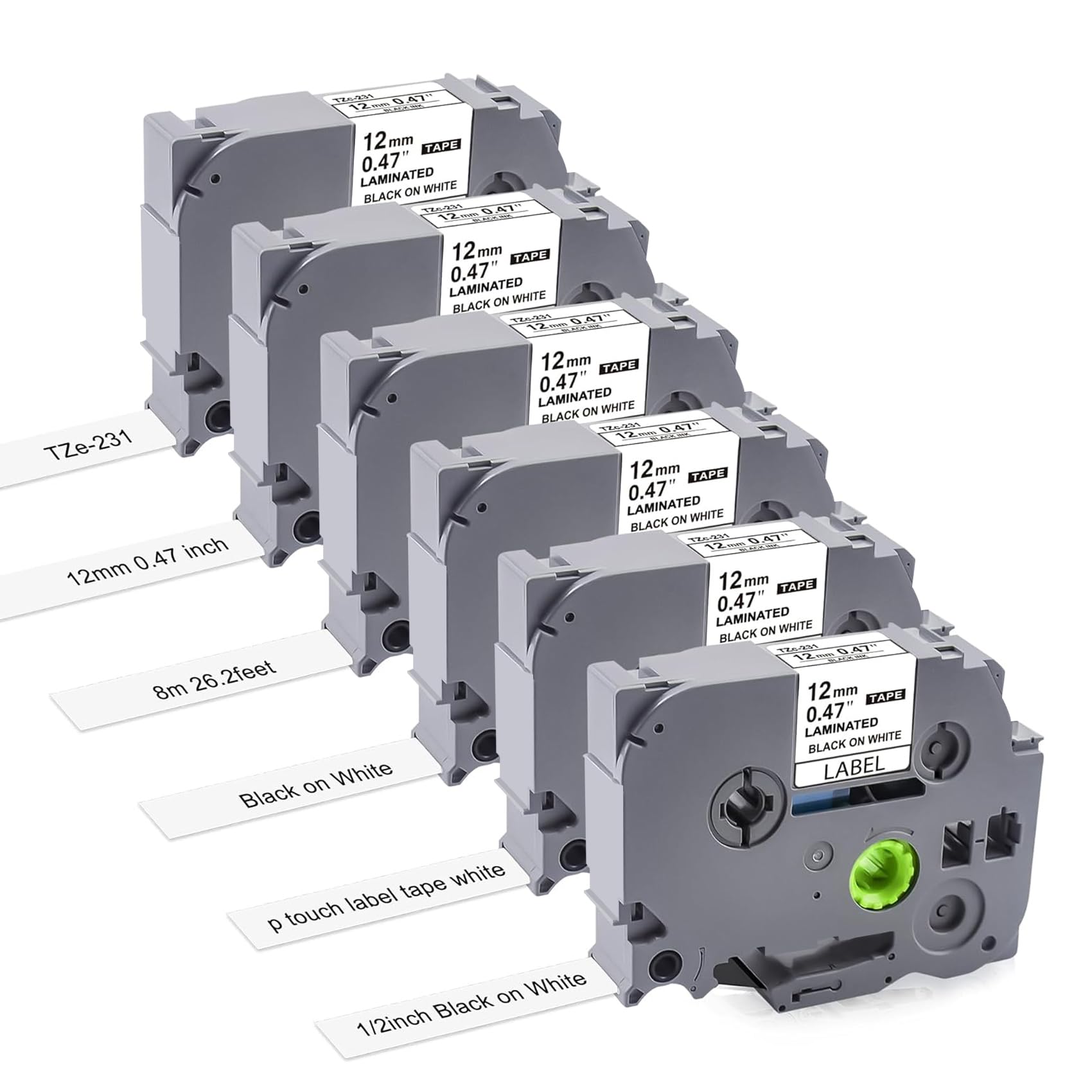 6-Pack Brother P-Touch Label Tape TZe-231 12mm - Black On White Laminated Refill