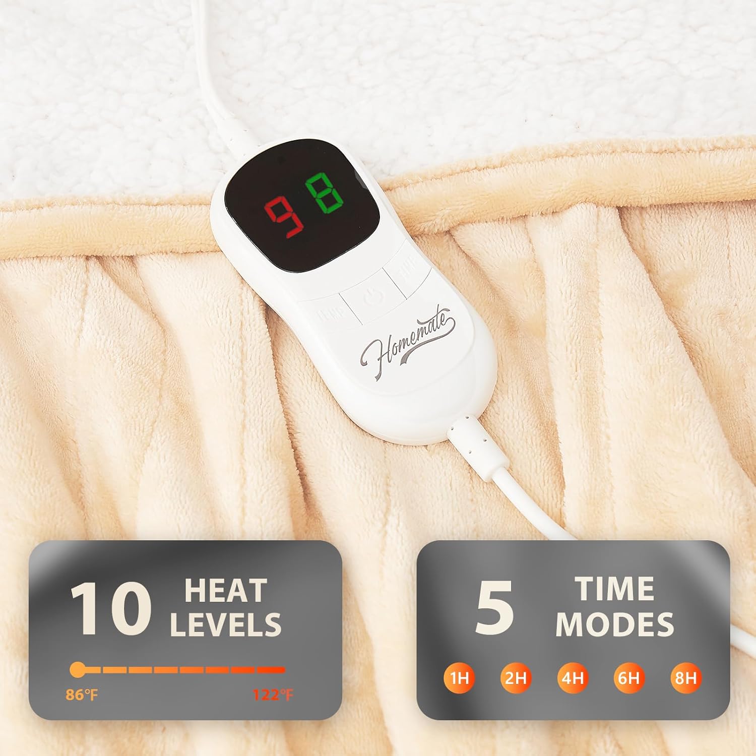 Homemate Electric Heated Blanket Twin - 62"x84" Heating Bed Blankets Throw with 10 Heating Levels 8 Hours Auto Off Fast Heating Over-Heated Protection Ultra Soft Warm Flannel ETL Certified Beige - Image 4