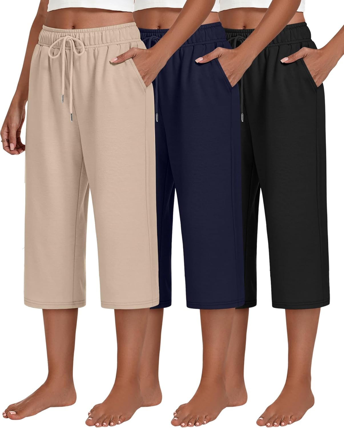 Neer 3 Pack Women's Capri Pants, Drawstring Wide Leg Crop Lounge Sweatpants Summer Yoga Casual Cropped Pants with Pocket