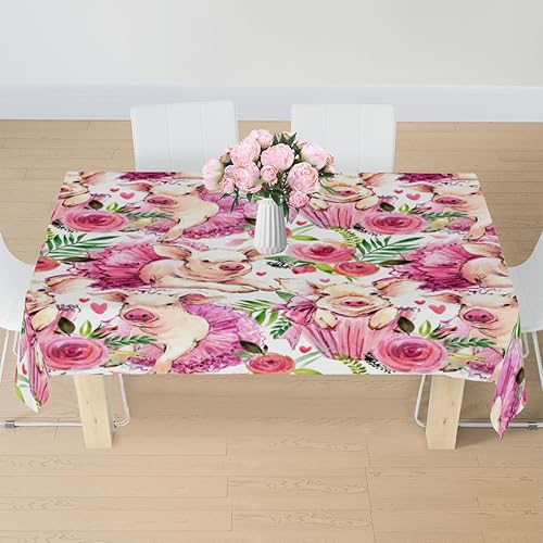 Mantel rectangular con diseño de flores de cerdo, resistente a las manchas y a las arrugas, a prueba de derrames, impermeable, tejido de vinilo,