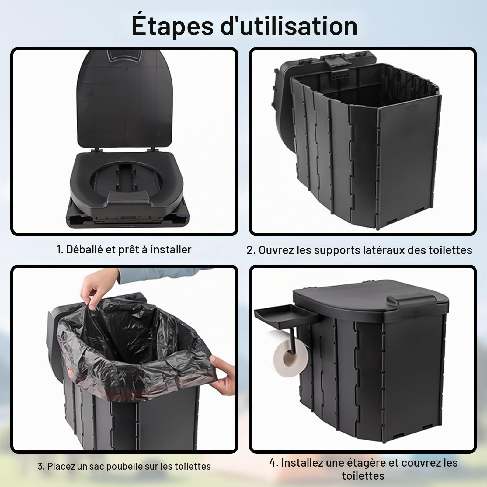 Toilettes de camping, toilettes de camping pliables, toilettes mobiles, toilettes de voyage pliables, toilettes portables pour l'extérieur avec porte-papier toilette et porte-téléphone