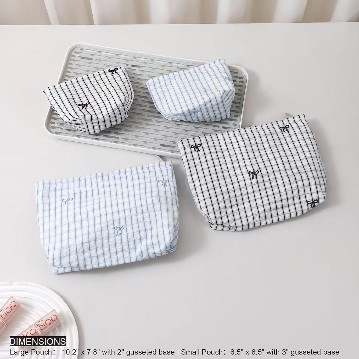 HAPPYHEIDI Large Makeup Bag Set 2 Travel Cosmetic Pouch, White Plaid image 2