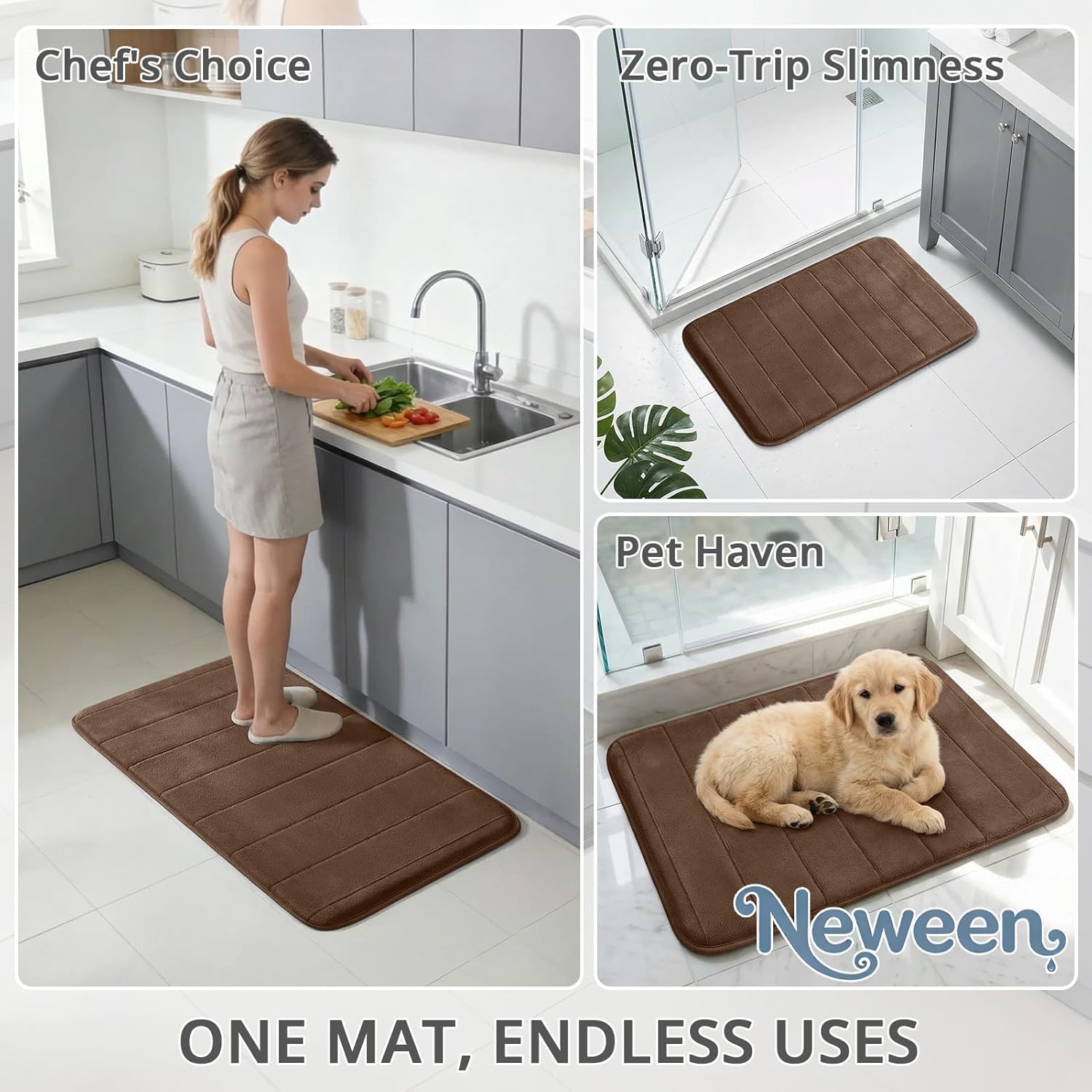 Neween 3 Piece Memory Foam Bath Mat Set - Thick Cushioned Soft Fabric Bathroom Rugs, Non-Slip Absorbent & Quick Dry Bath Mats for Bathroom Floor, Includes Large, Small and U-Shaped Toilet Rug (Brown)
