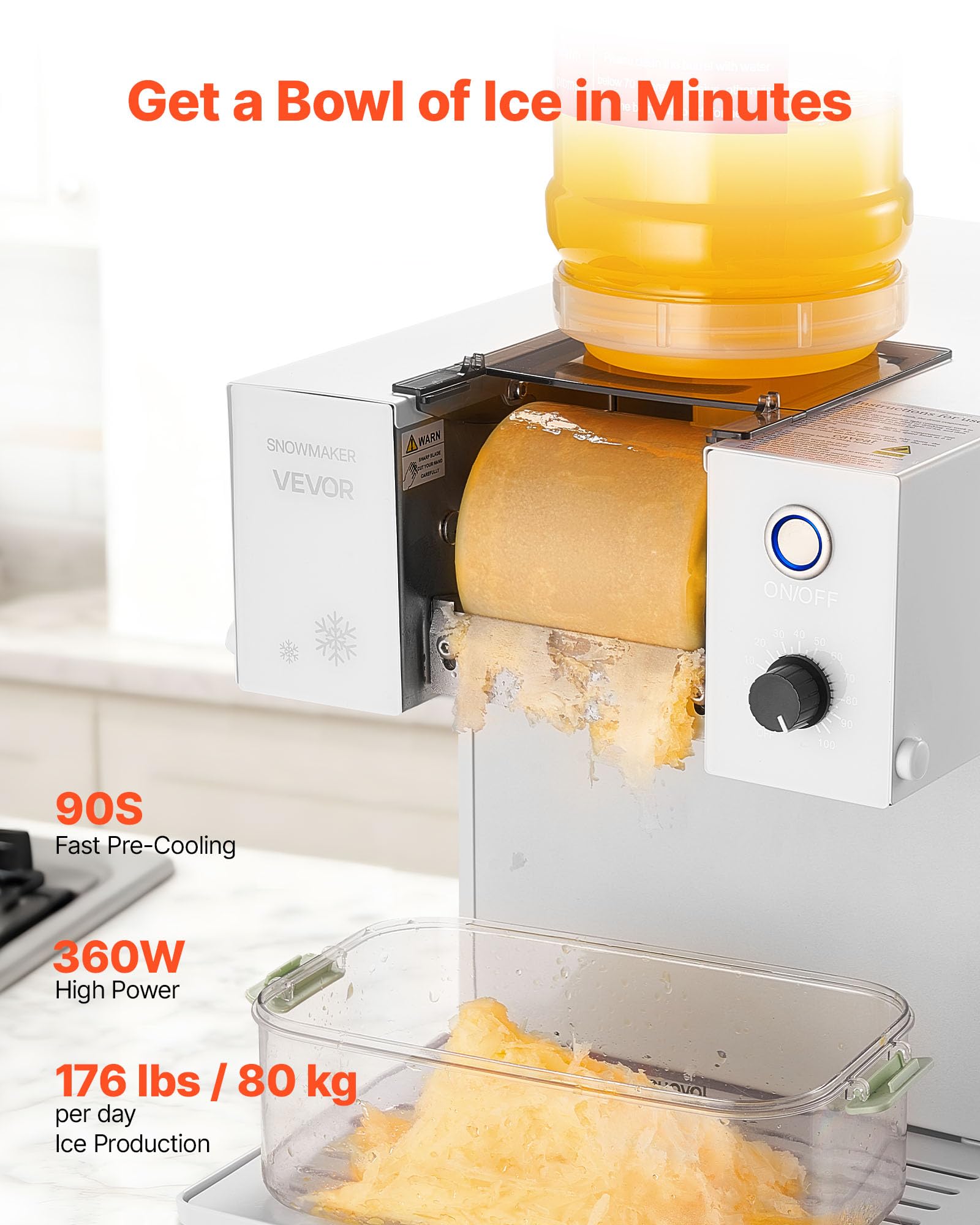 VEVOR Máquina de Hielo en Copos de Nieve, 80 kg/Día, con Cuchilla de Acero Inoxidable, con Tanque de 1,8 L y Enfriamiento Rápido en 90 s, Ideal para Eventos Pequeños en Casa, 435 x 260 x 300 mm