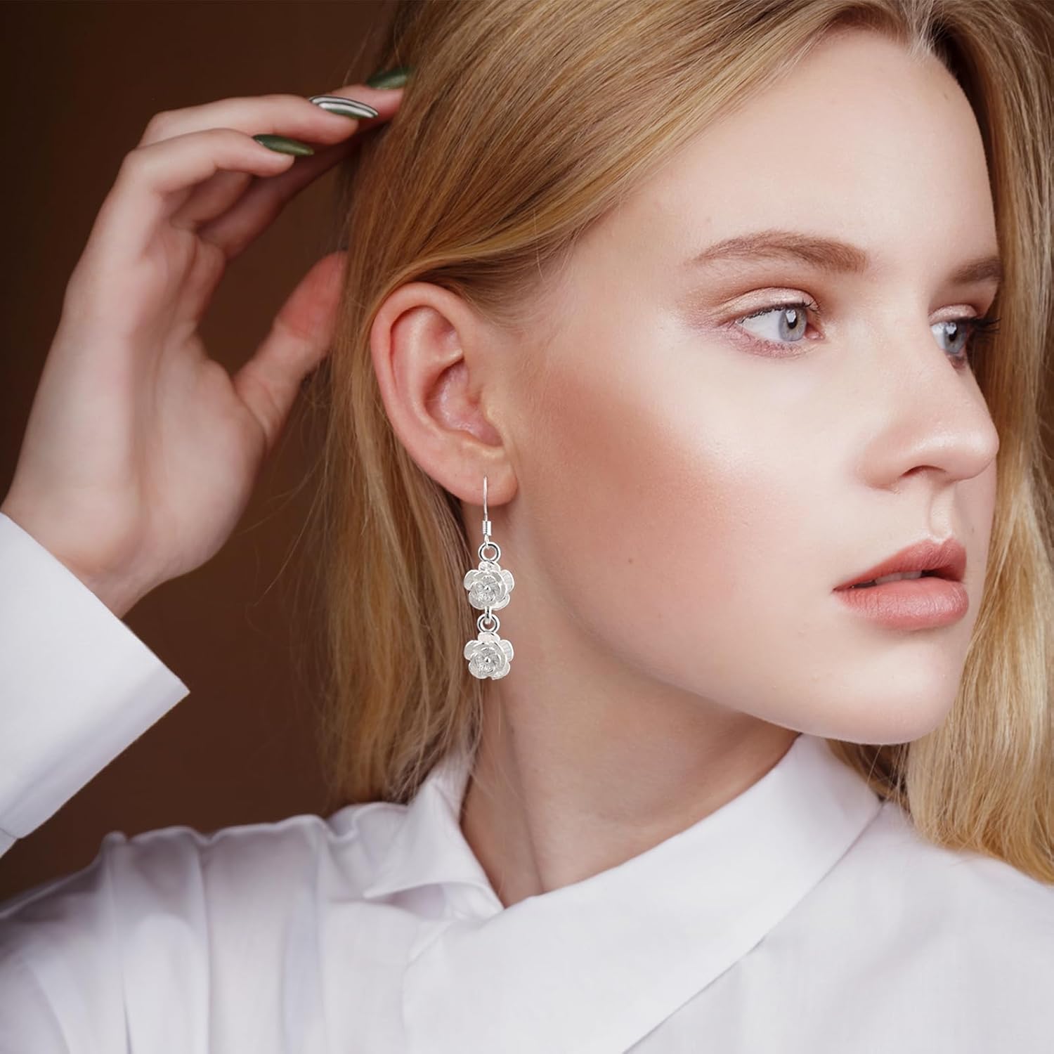 Flower 925 Sterling Silver Earrings for Women Floral with Double Rose Earrings Long Tassel Drop Silver Dangle - Image 4