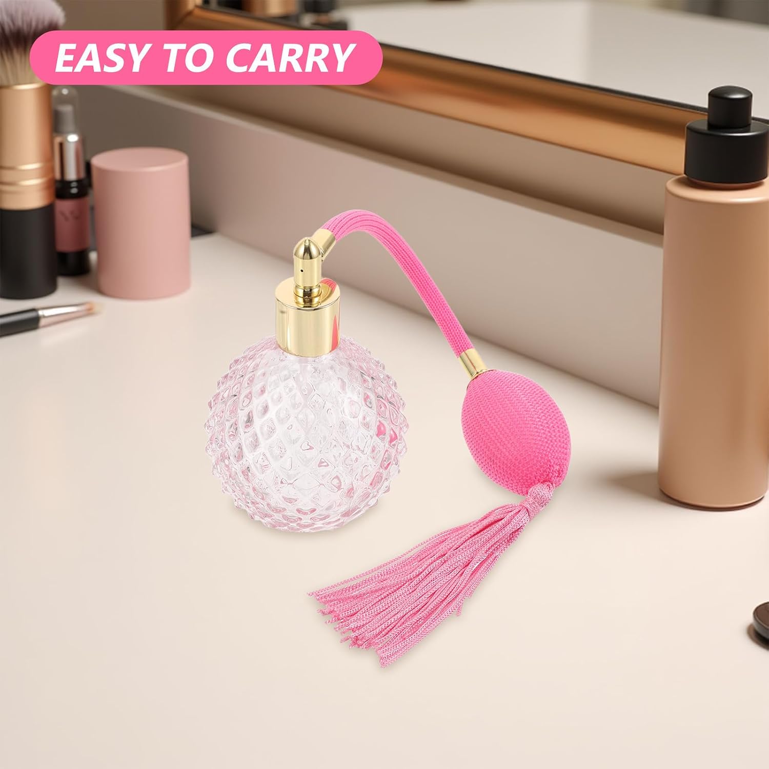 Vintage Glass Perfume Atomizer 100ml Refillable Fine Mist Sprayer with Long Tassels for Travel and Makeup Routine, Elegant round Decorative Bottle with Silicone Accents