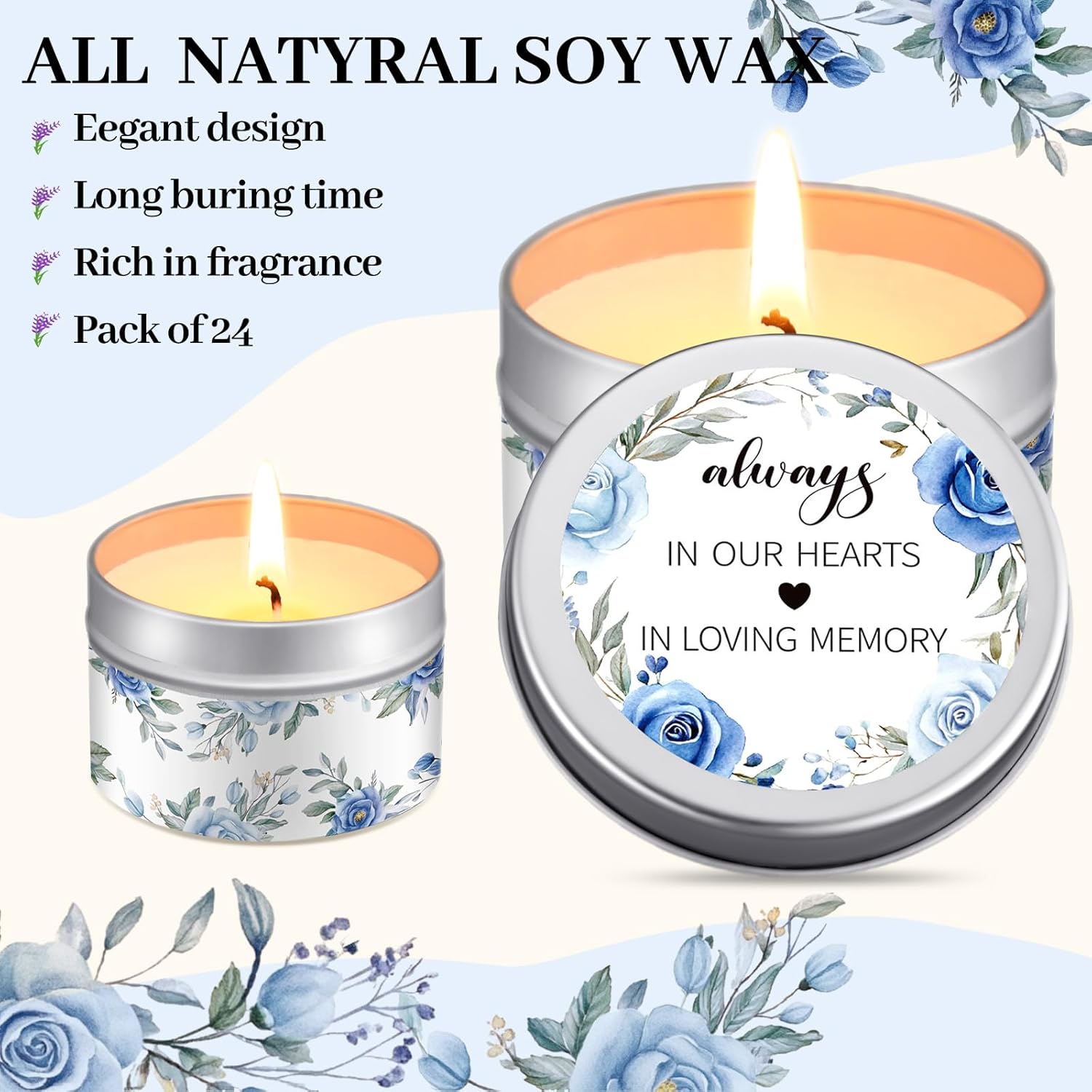 MTLEE 24 Pcs Funeral Memorial Candles Funeral Favors for Guests Celebration of Life Supplies Lavender Scented Soy Tealight Sympathy Gifts Memorial Service Grief Share Meeting(White,Elegant)