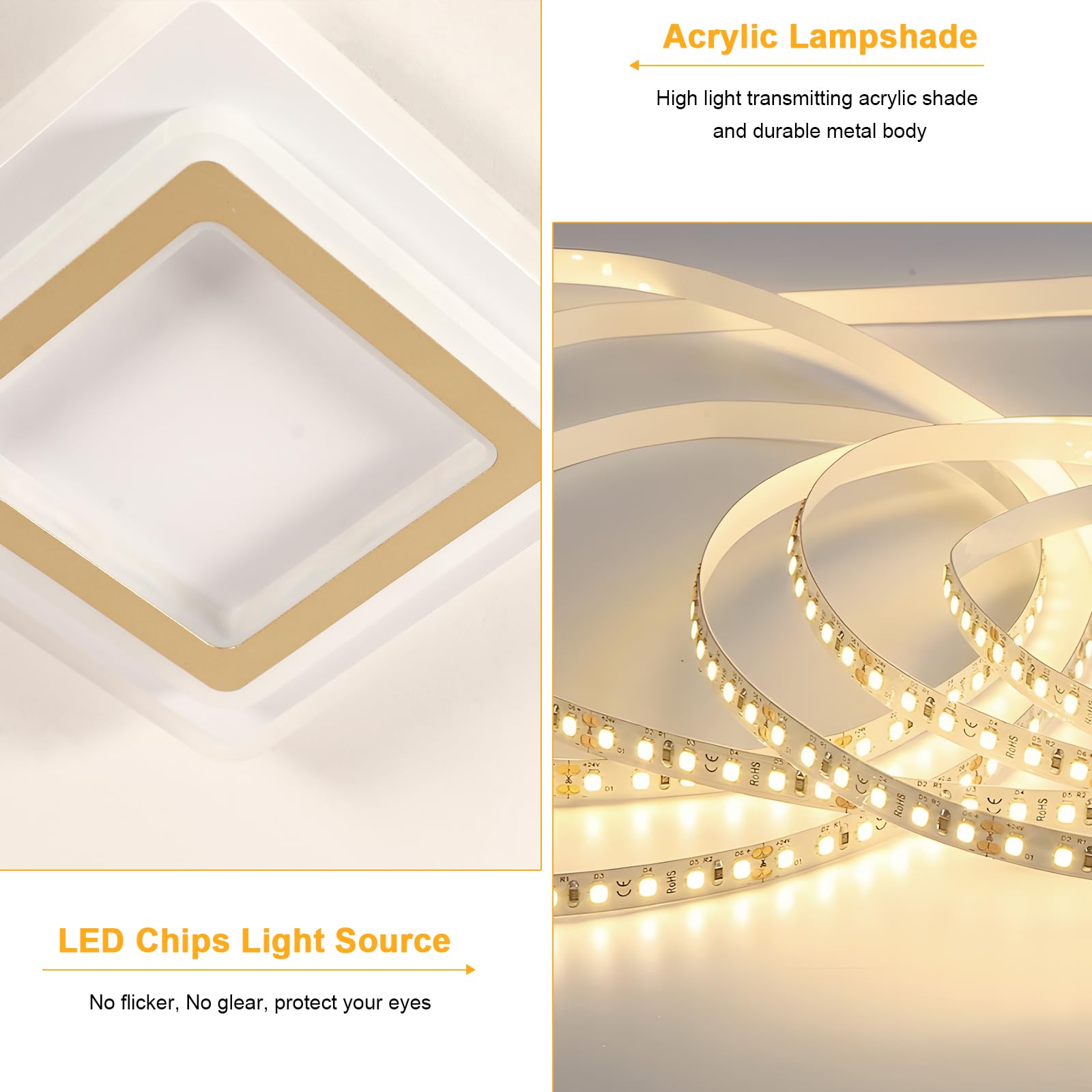 Goeco Plafoniera LED Soffitto Moderna Oro, 44W Lampada da soffitto Quadrata, 3000K Bianca Caldo Plafoniera in Acrilico per Soggiorno, Camera da Letto, Cucina, Corridoio, 29CM