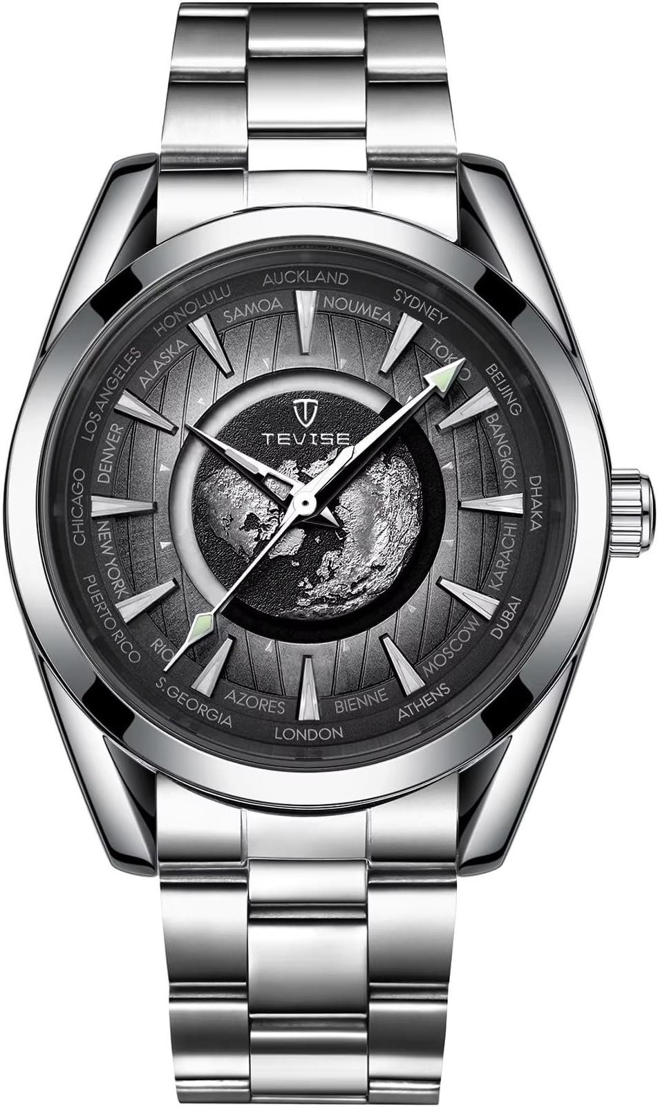 Men Luxury Automatic Mechanical Watch Earth Luminous Pointer Waterproof Sports Stainless Steel/Leather Watches