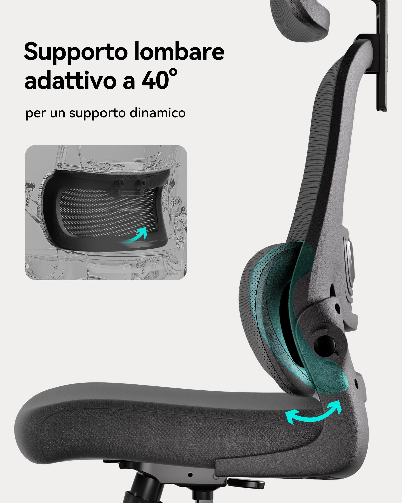 Hbada P1 Sedia Ufficio e Scrivania Ergonomica, con Supporto Lombare 2D Regolabile e Testiera Regolabile, Braccioli Ribaltabili e Cuscino Spesso, Oscillazione 12°, Mesh, Nero