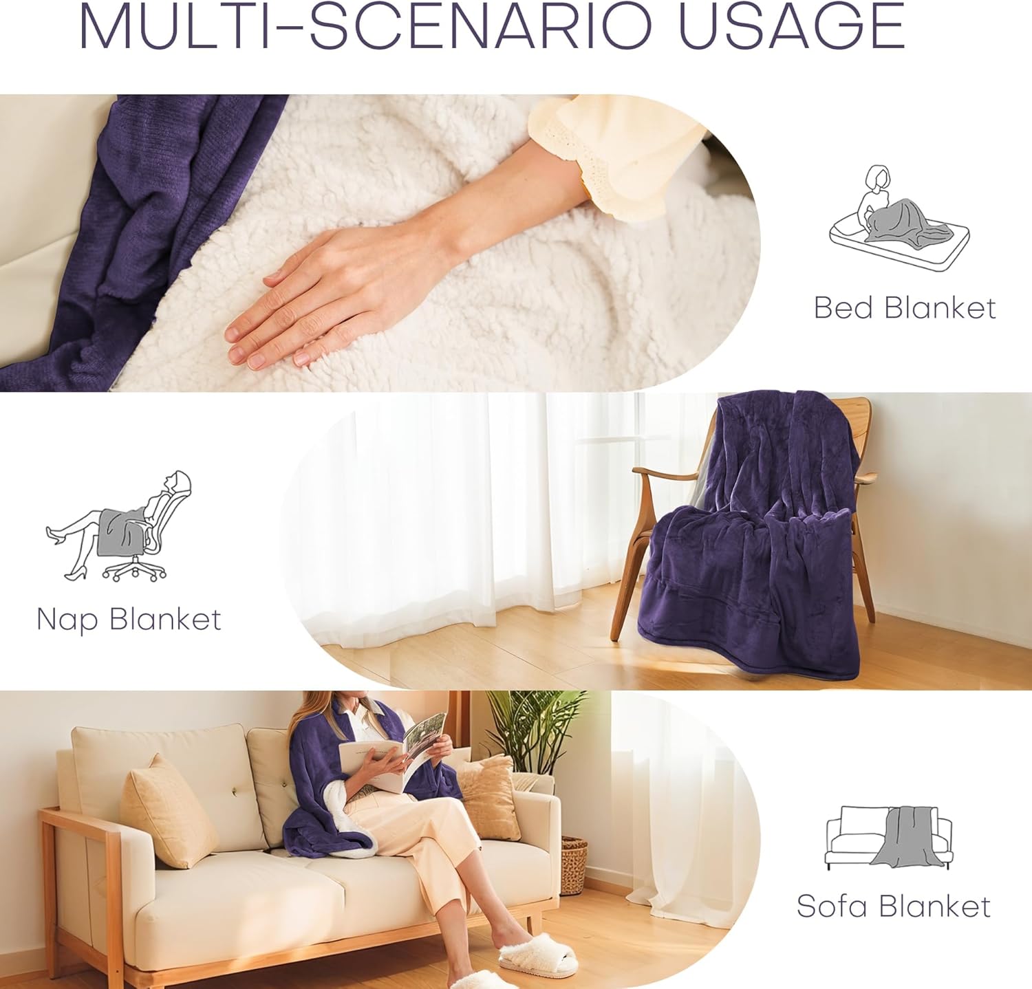 Electric Heated Blanket Throw Size 50"x60" - Flannel & Sherpa Fabric Dual-Sided, 6 Heat Settings & 1-3 Hours Auto Off, Soft & Cozy Warming Throw for Home, Office, or Bed, Machine Washable, Purple - Image 4