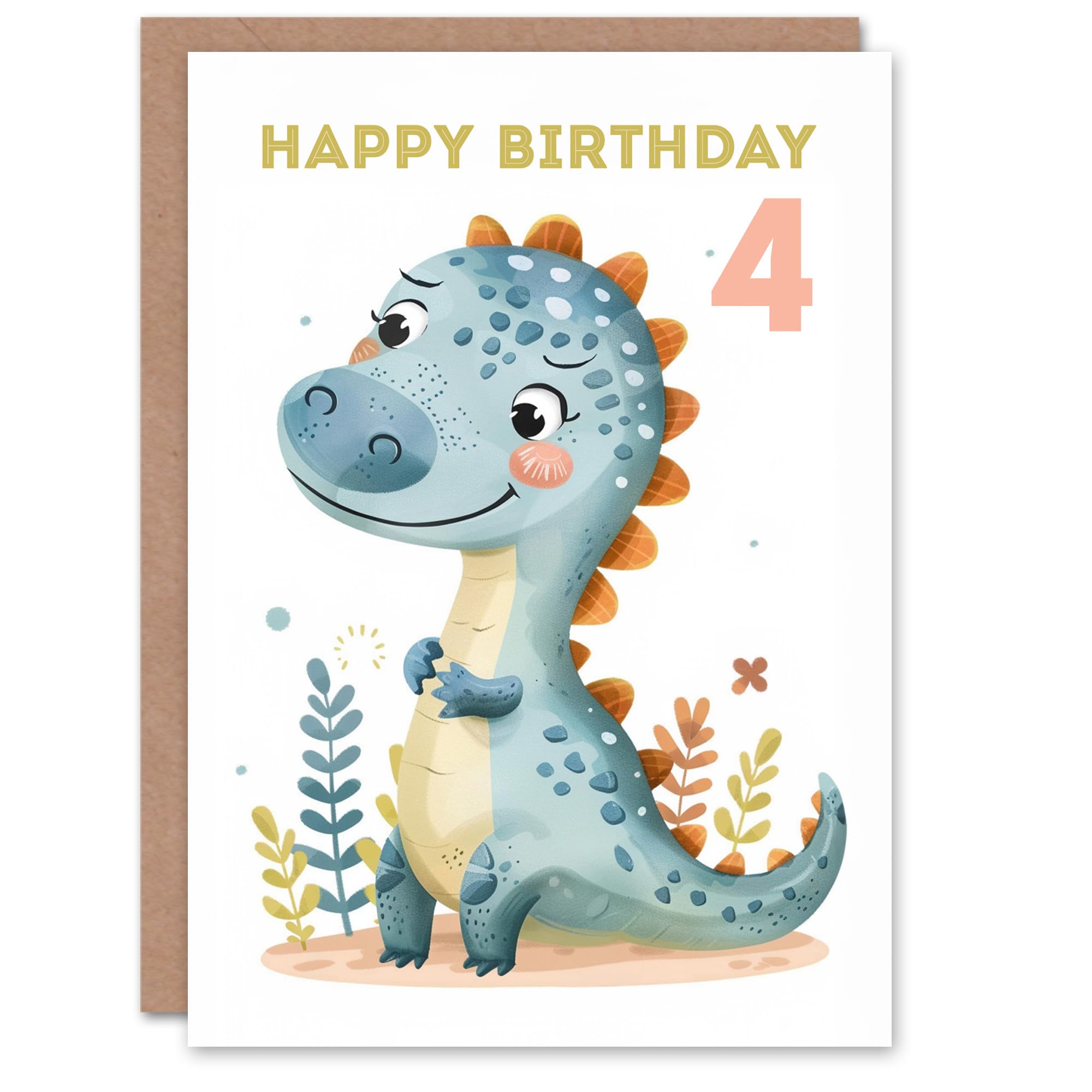 Artery8 4th Birthday Card Cute Blue Dinosaur Cartoon Drawing Fun Kids Age 4 Year Old Child For Son Daughter Girl Boy Happy Card