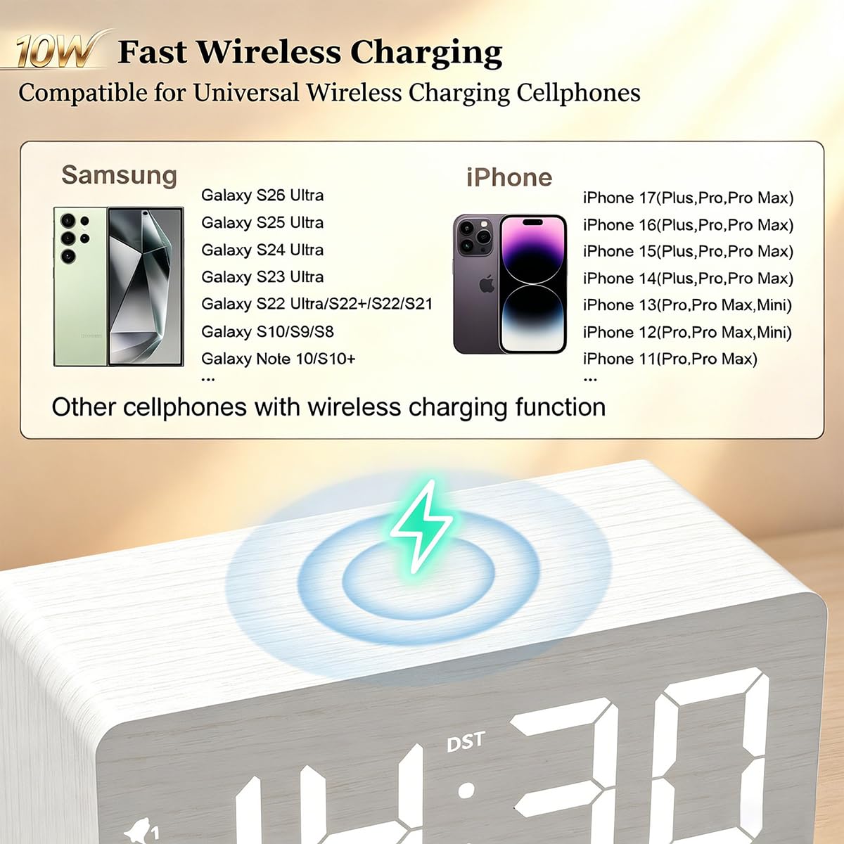 URAYCO Reloj despertador digital de madera, estación de carga inalámbrica rápida de 10 W y 2 puertos de carga USB, con regulador de 0 ~ 99%, alarma dual, modo de día de semana/fin de semana, reloj LED