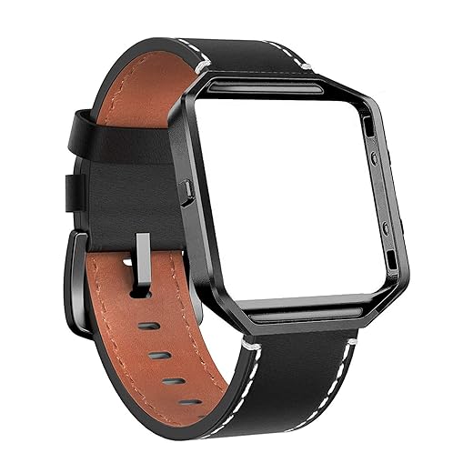 Nerlero Sport Bands Compatible with Fitbit Blaze Smart Watch, Genuine Leather Replacement Band Strap Metal Frame for Women Men Small & Large, Black / Black frame, Large: 6.2''-8.2''