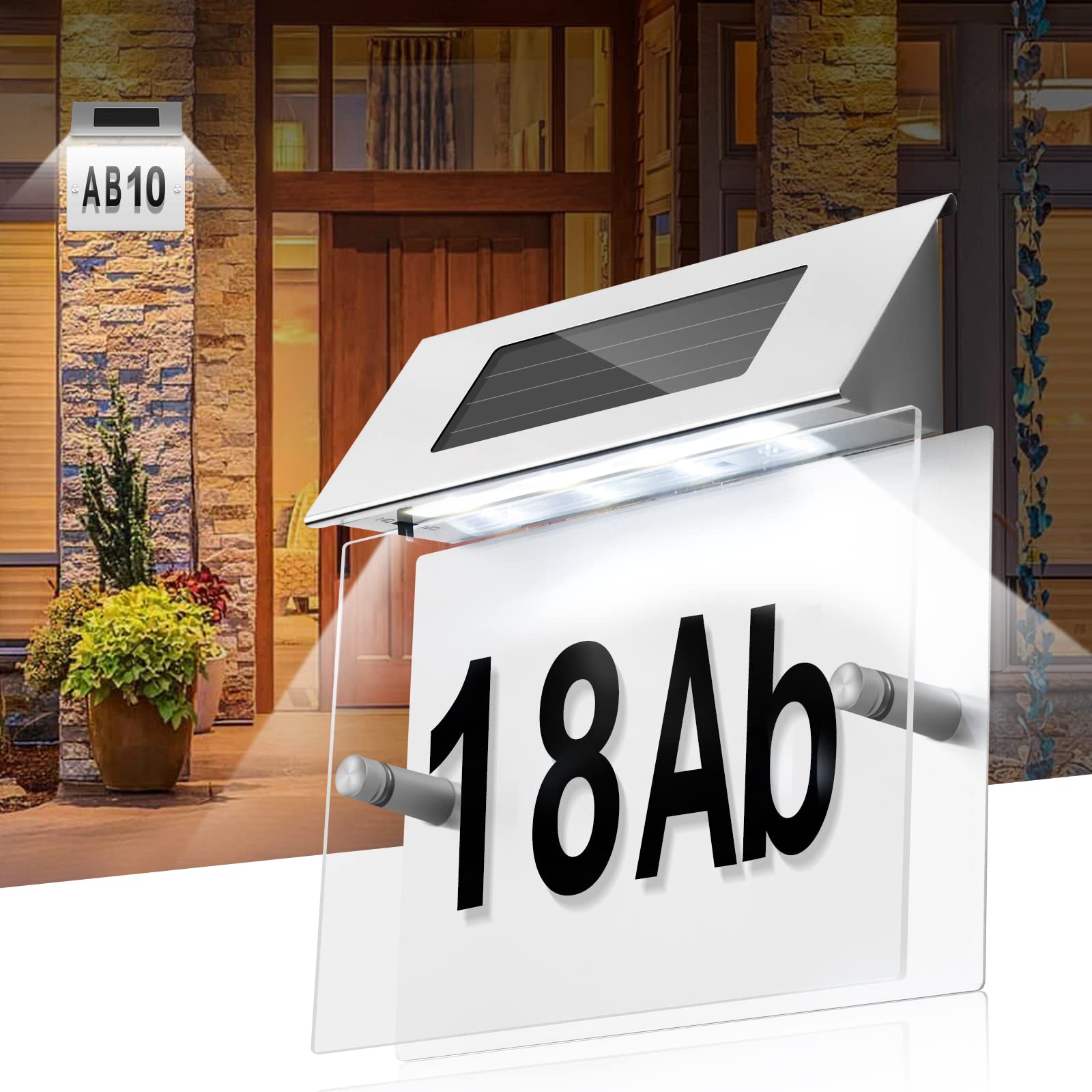 YUNYODA Solar House Number LED, IP44 Illuminated Address Sign with Four LEDs, Solar Illuminated Twilight Switch, Motion Sensor, Stainless Steel for Door, Garden, Crafts