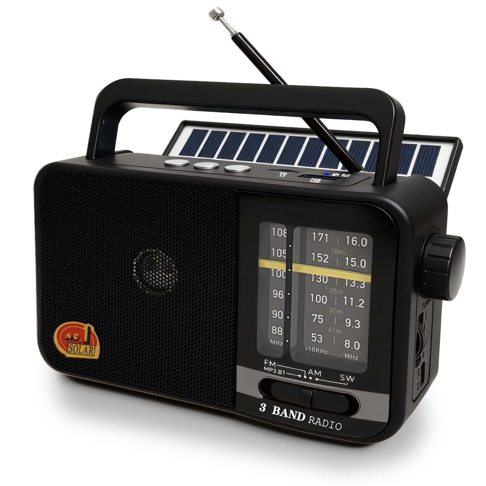 Poste Radio Portable avec Panneau Solaire & Batterie 1200mAh, Récepteur AM/FM/SW avec 8W Haut-Parleur/TWS/USB/TF, Transistor Radio a Pile luetooth pour Camping, Urgences et Extérieures (Noir)