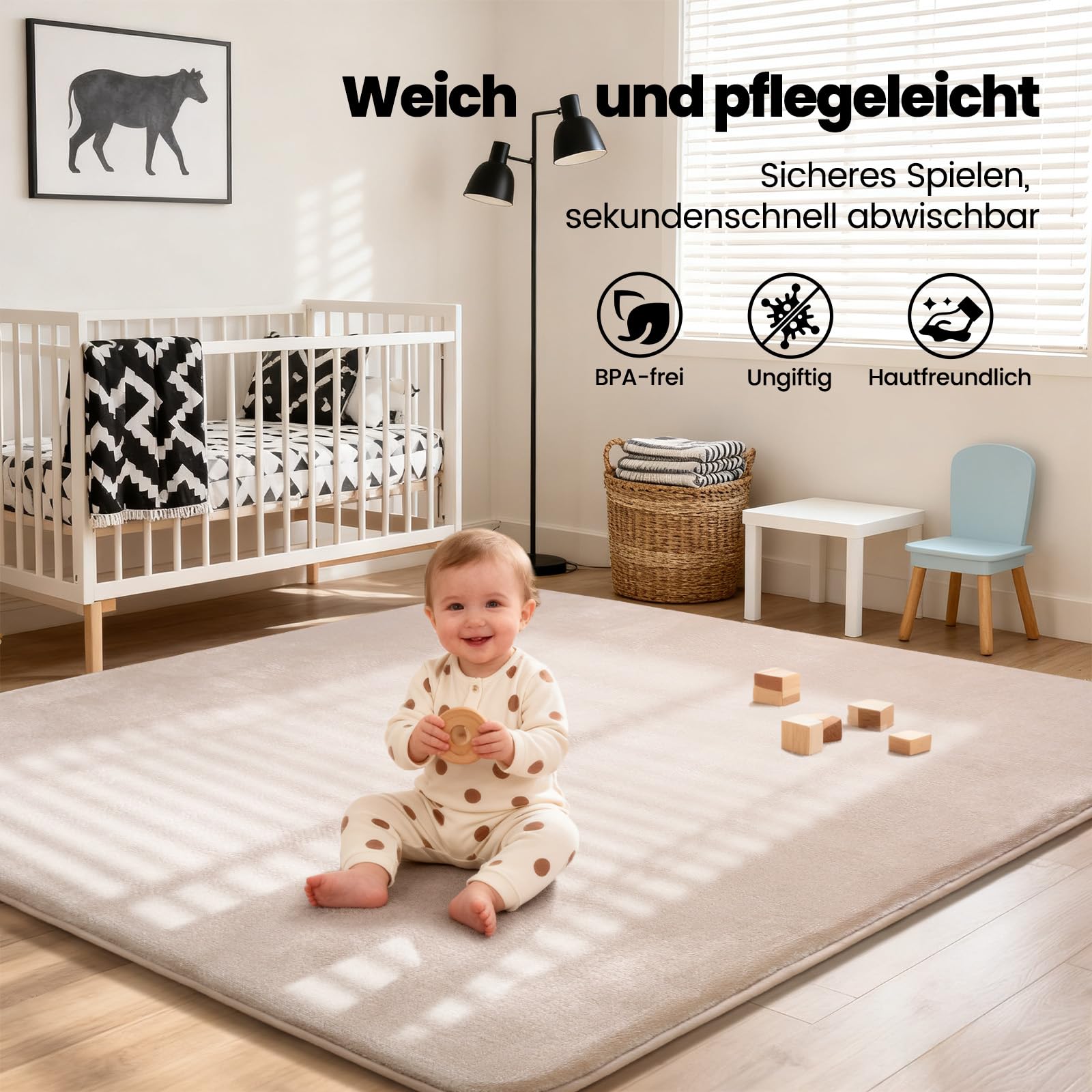 Krabbelmatte Baby 127×127cm, 3cm Dicke Schaumstoff Spielmatte, Ultraweiche Stütze und Plüschiges Gefühl Teppich Kinderzimmer, Pflegeleichte Krabbeldecke Baby mit Rutschfester Unterseite, Beige