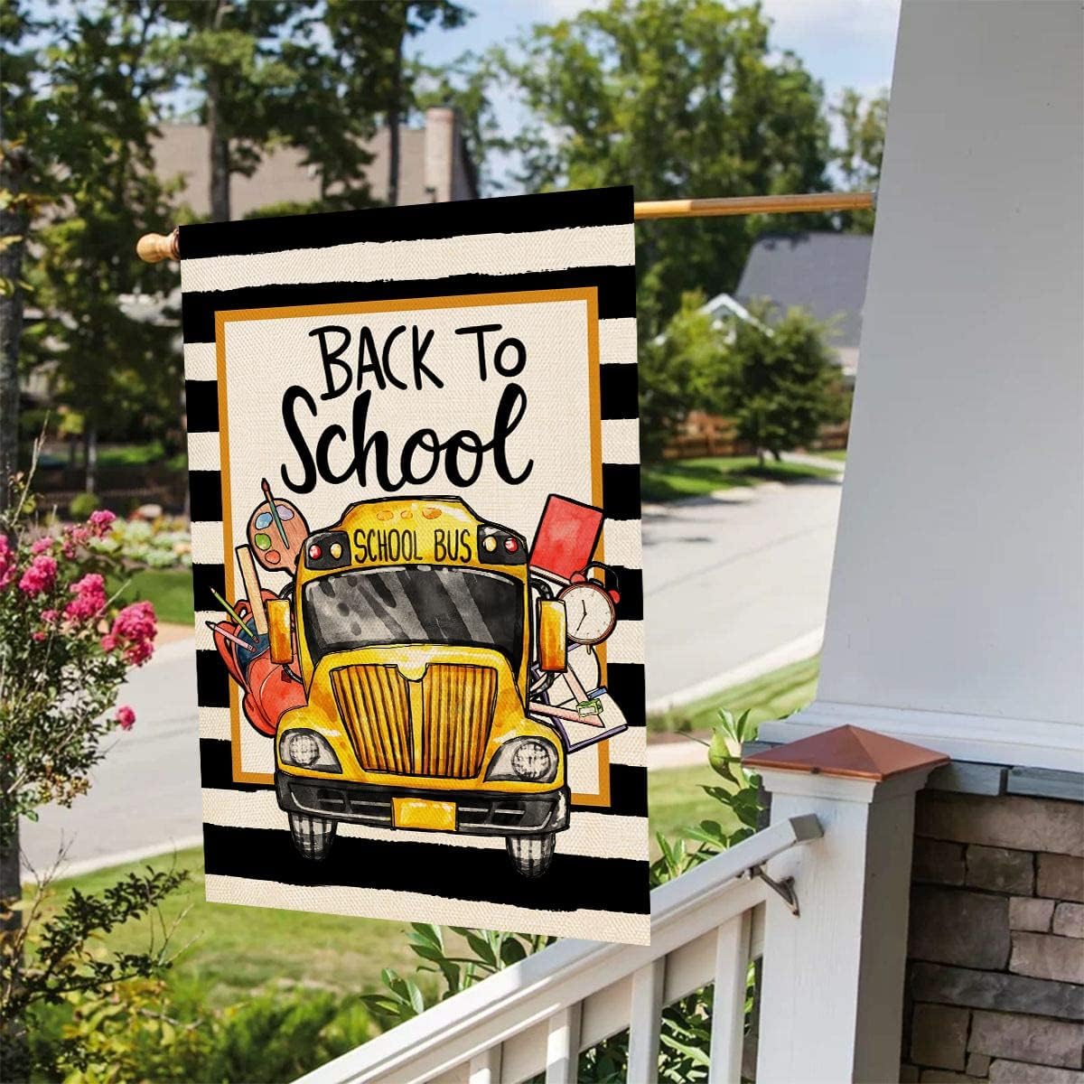 Baccessor School Bus Back to School House Flag and Garen Flag Black Stripes School First Day Garden Flag for Fall Seasonal Farmhouse Outdoor Outside Party Decoration