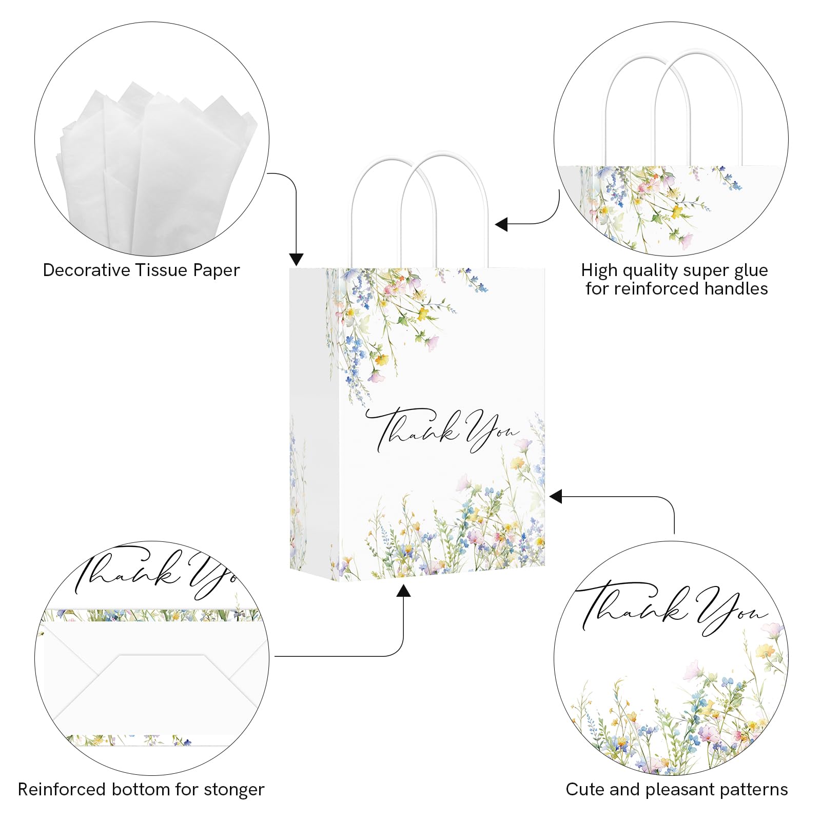 QIELSER 30 sacchetti regalo di ringraziamento in carta velina con motivo floreale ad acquerello con manico per compleanno, baby shower, addio al nubilato, matrimoni, tutte le occasioni, 21,1 x 15,2 x
