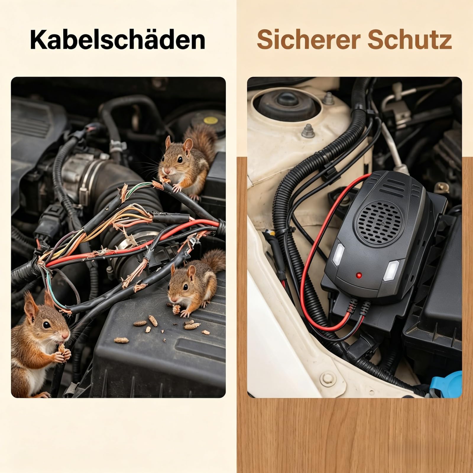 Ultraschall Marderabwehr für Auto Motorraum, Autobatteriebetriebene Marderabwehr im Ultraschall, Ultraschall 12V mit LED Blitzlicht Effektive Vertreibung gegen Mäuse: Hält Ratten und Mäuse von Autos