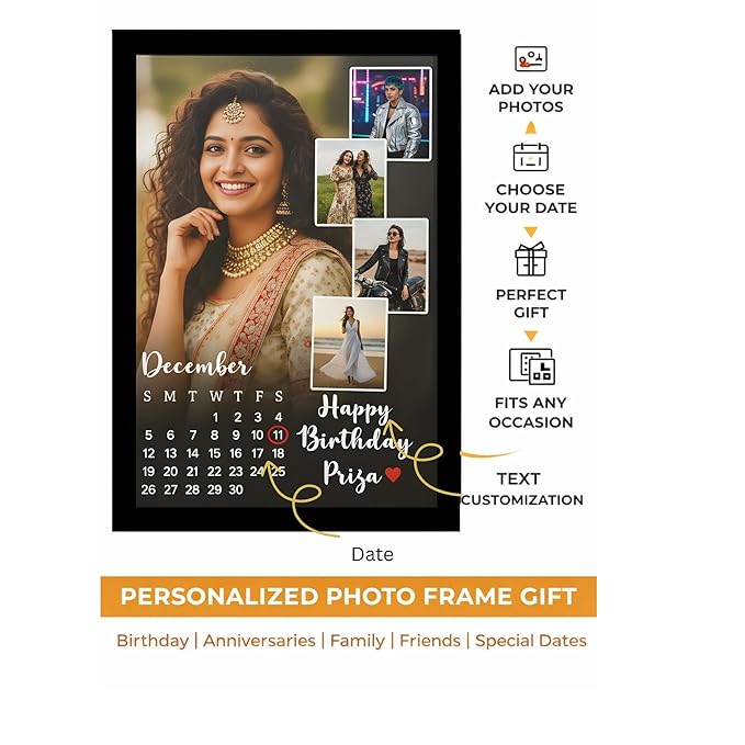 Customizable Birthday Photo Collage Frame, Black Background with Calendar, Customized/Personalized Happy Birthday With Names Customised Photo For Couple, Parents,Friend (A4)