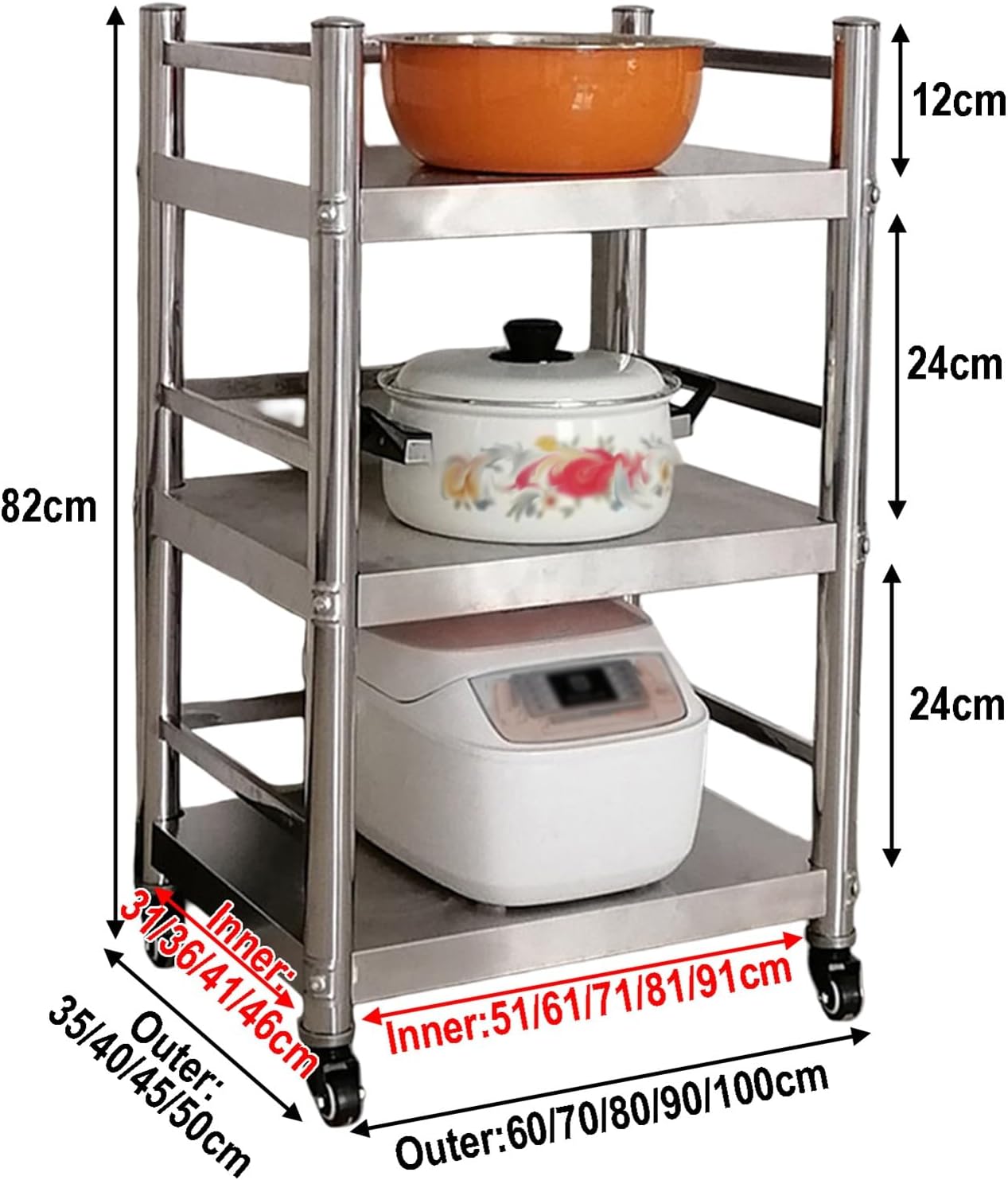 3-Tier Stainless Steel Rolling Cart with Guardrail, Kitchen Utility Pizza Microwave Oven Stand Food Prep Worktable with Undershelf and Wheels for Restaurant, Hotel, Food Truck(70x45x82cm)