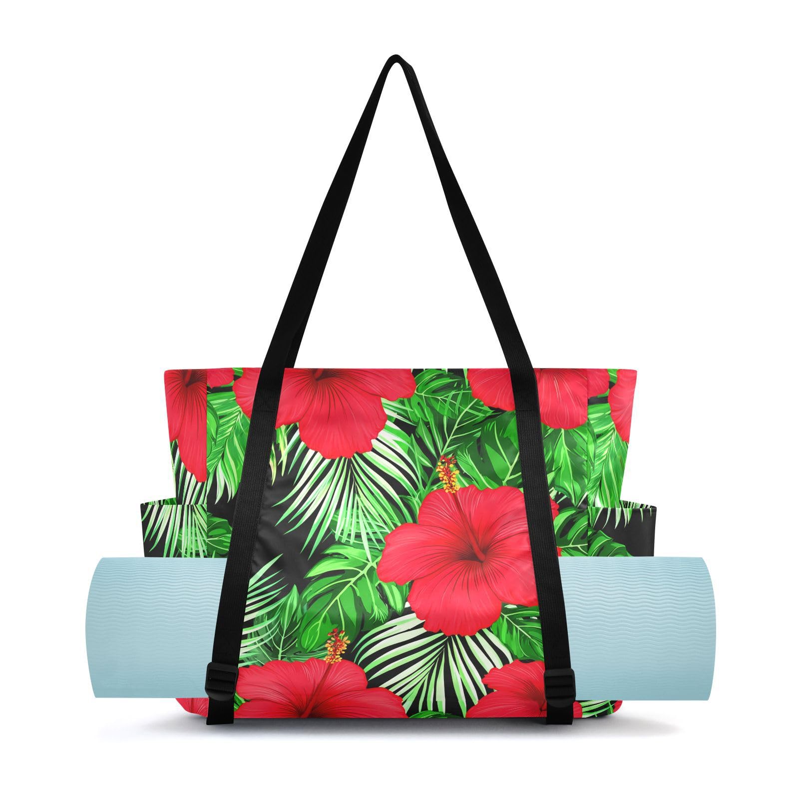 Lxqimora Red Hibiscus Classic Black Yoga Mat Bag for Women Water-Resistant Gym Bag with Yoga Mat Holder Tote Bag for Pilates Gym Yoga Travel