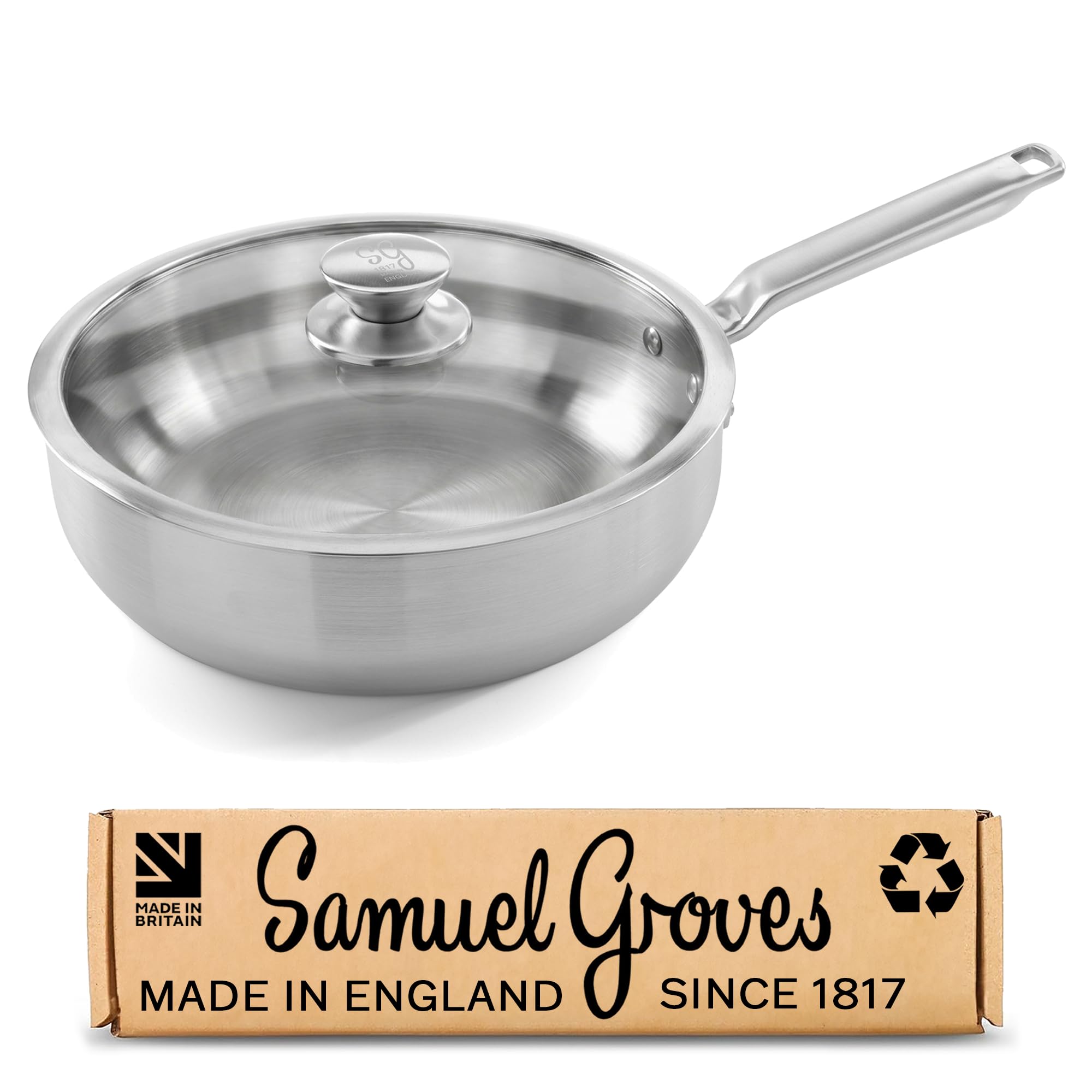 Samuel Groves Stainless Steel Sauté Pan 26cm 3-Ply with Glass Lid, UK Made