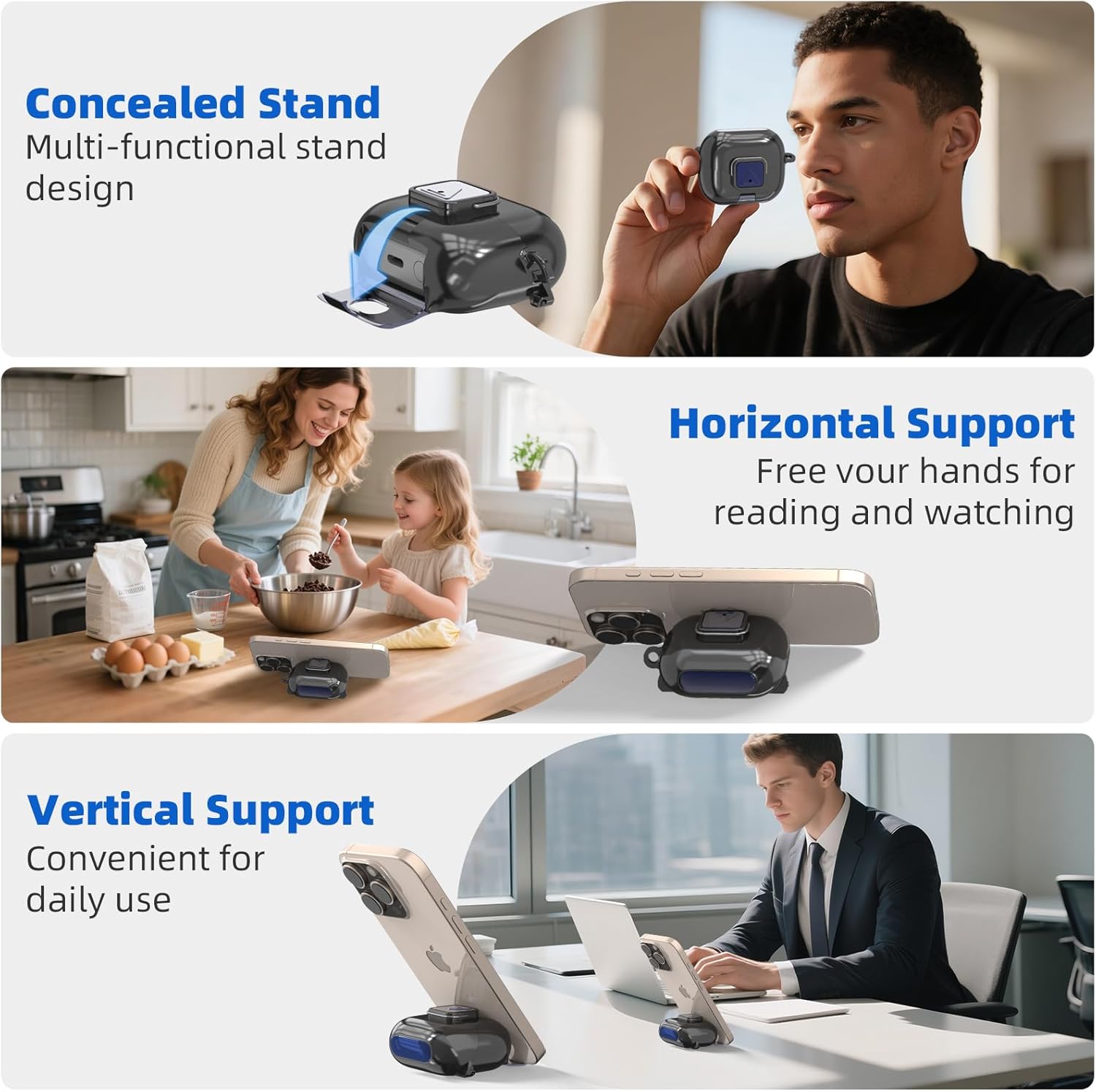 Secure Lock Case for Galaxy Buds 3 Pro (2024) / Galaxy Buds 3 FE (2025) | Phone Stand Design | Soft TPU | Shockproof Protective Cover for Samsung Buds 3 Earbuds w/Cleaning Pen & Keychain (Black) - Image 3